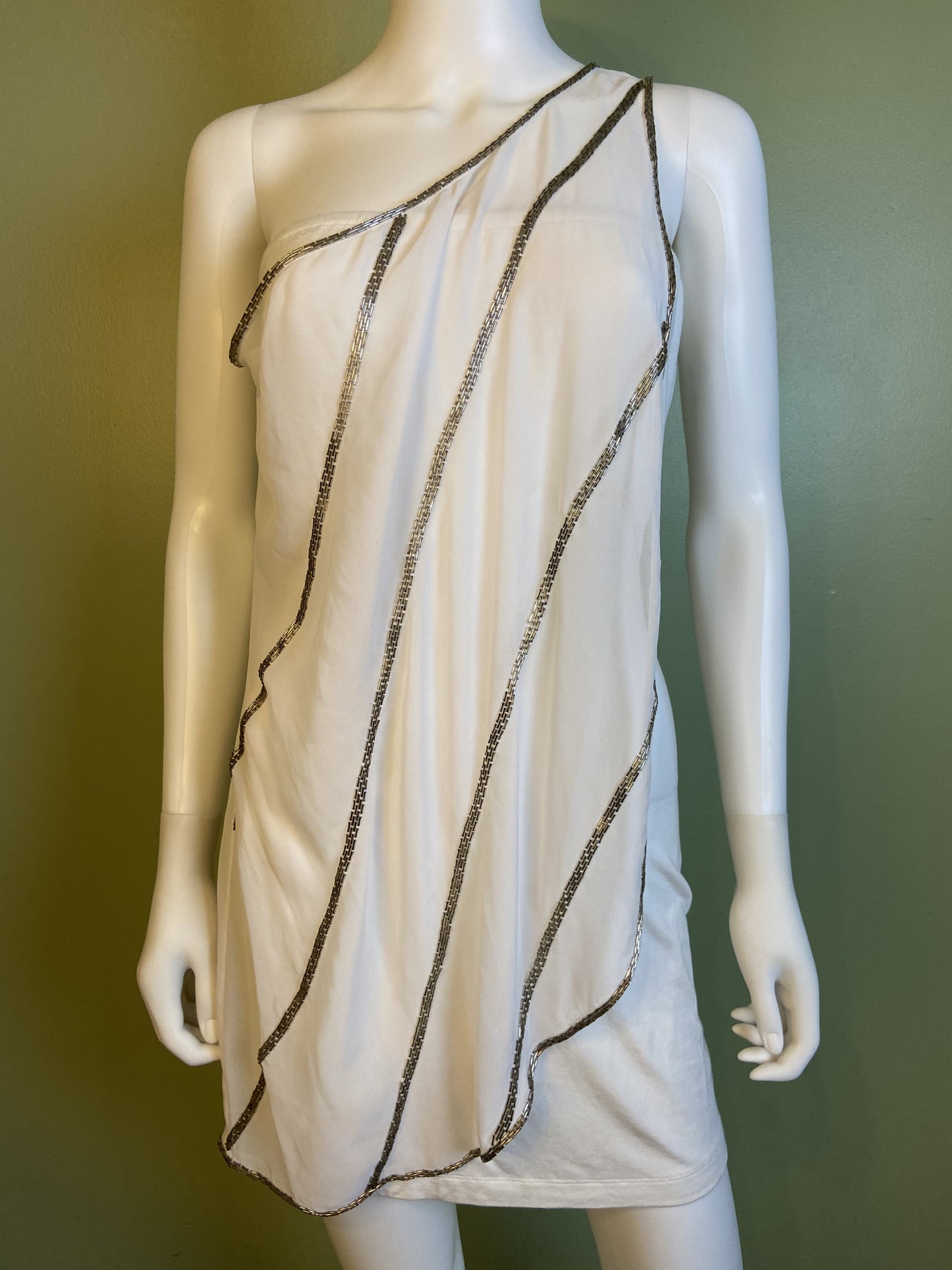 White Silver Beaded Grecian Stretch Mini Dress
