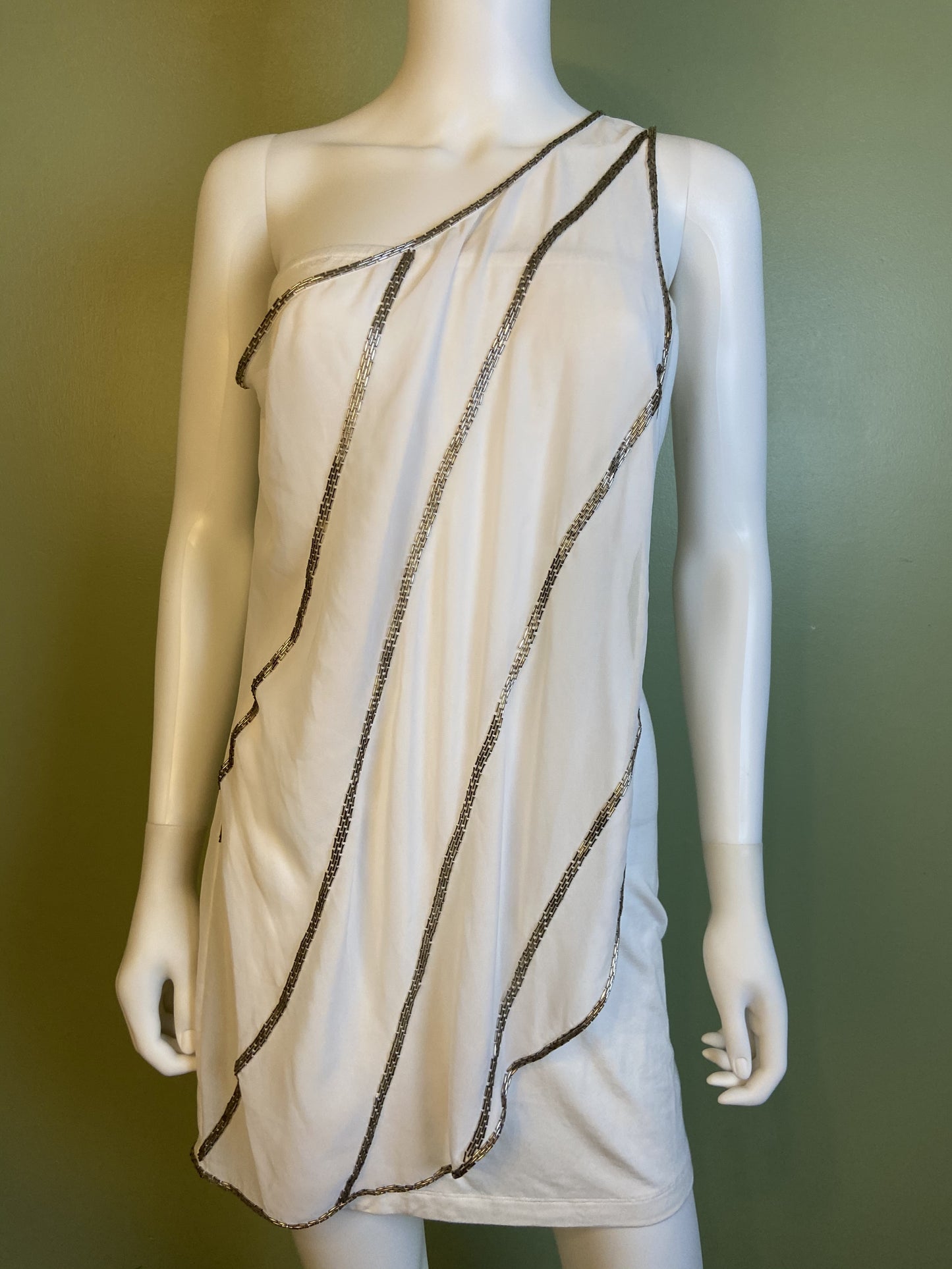 White Silver Beaded Grecian Stretch Mini Dress