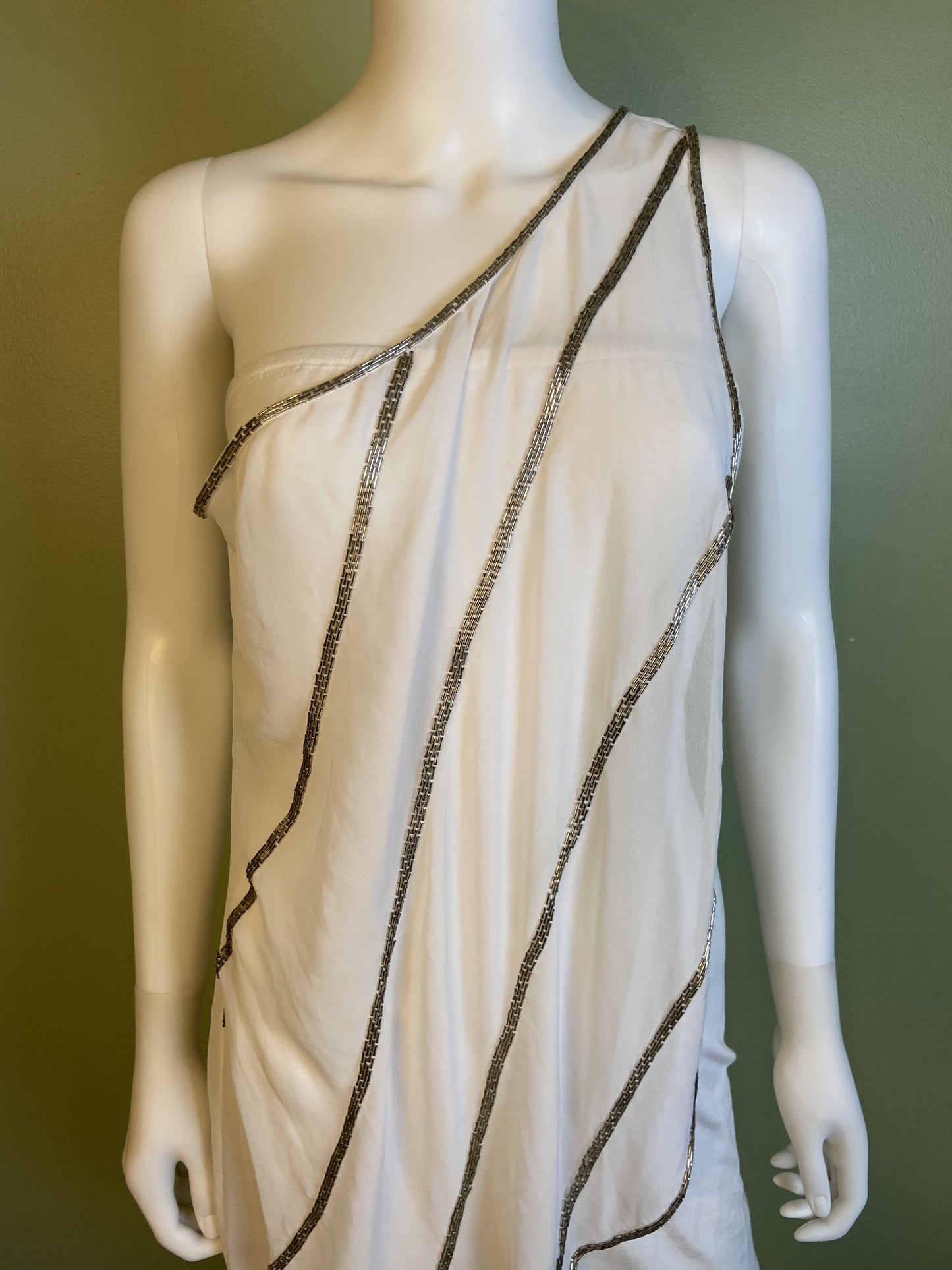 White Silver Beaded Grecian Stretch Mini Dress