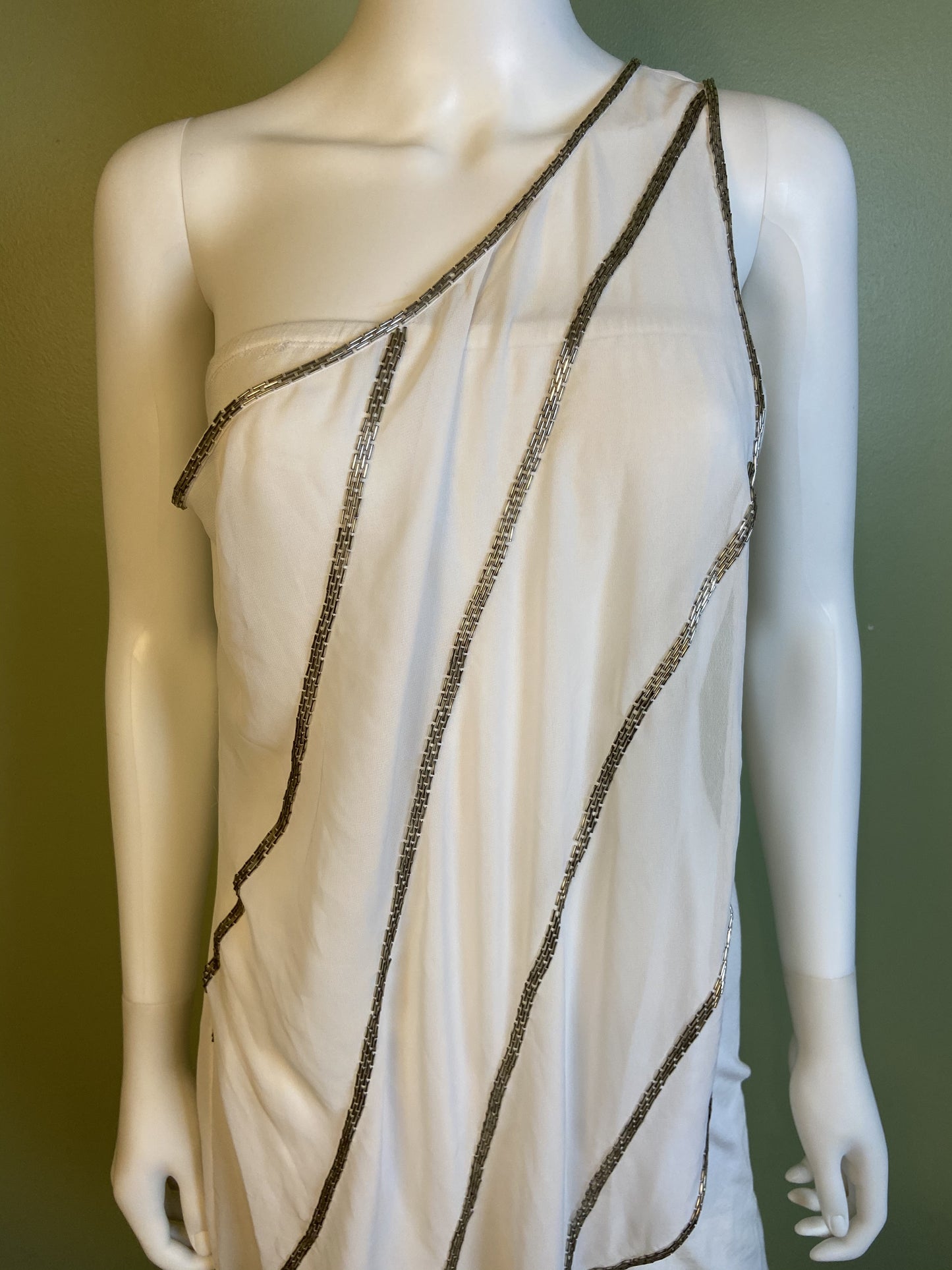 White Silver Beaded Grecian Stretch Mini Dress