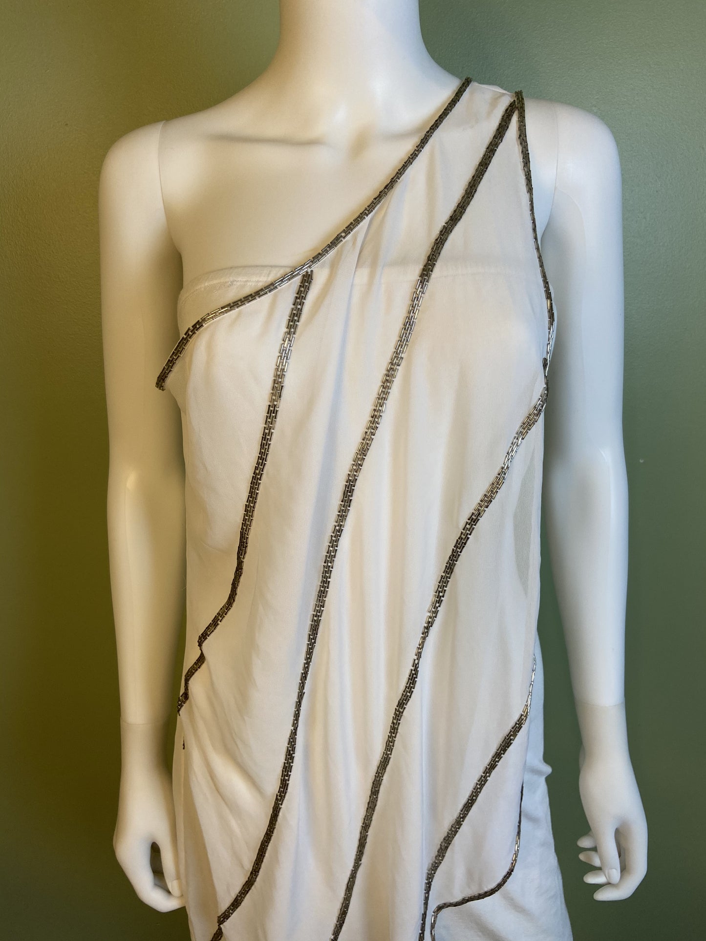 White Silver Beaded Grecian Stretch Mini Dress