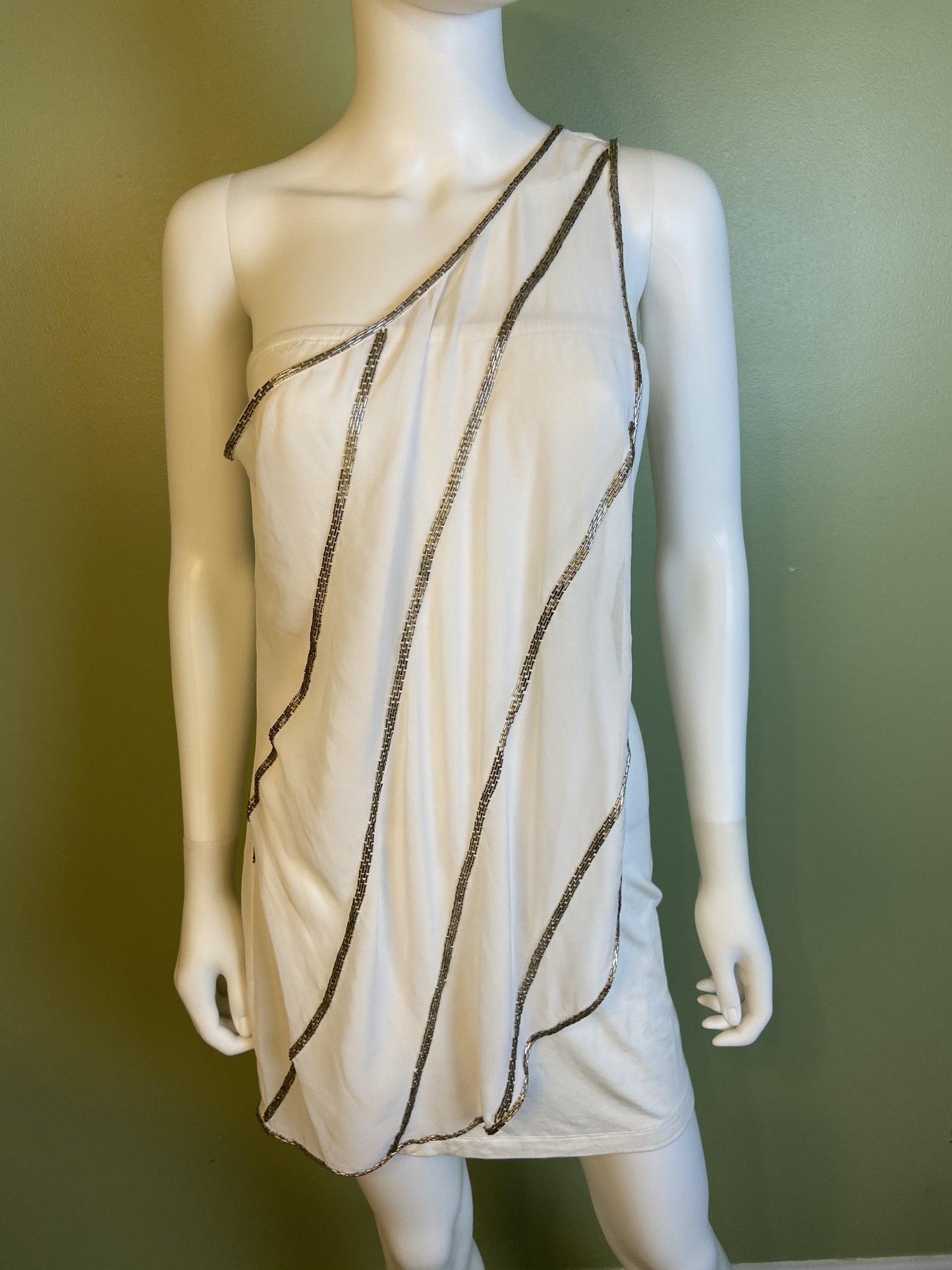 White Silver Beaded Grecian Stretch Mini Dress