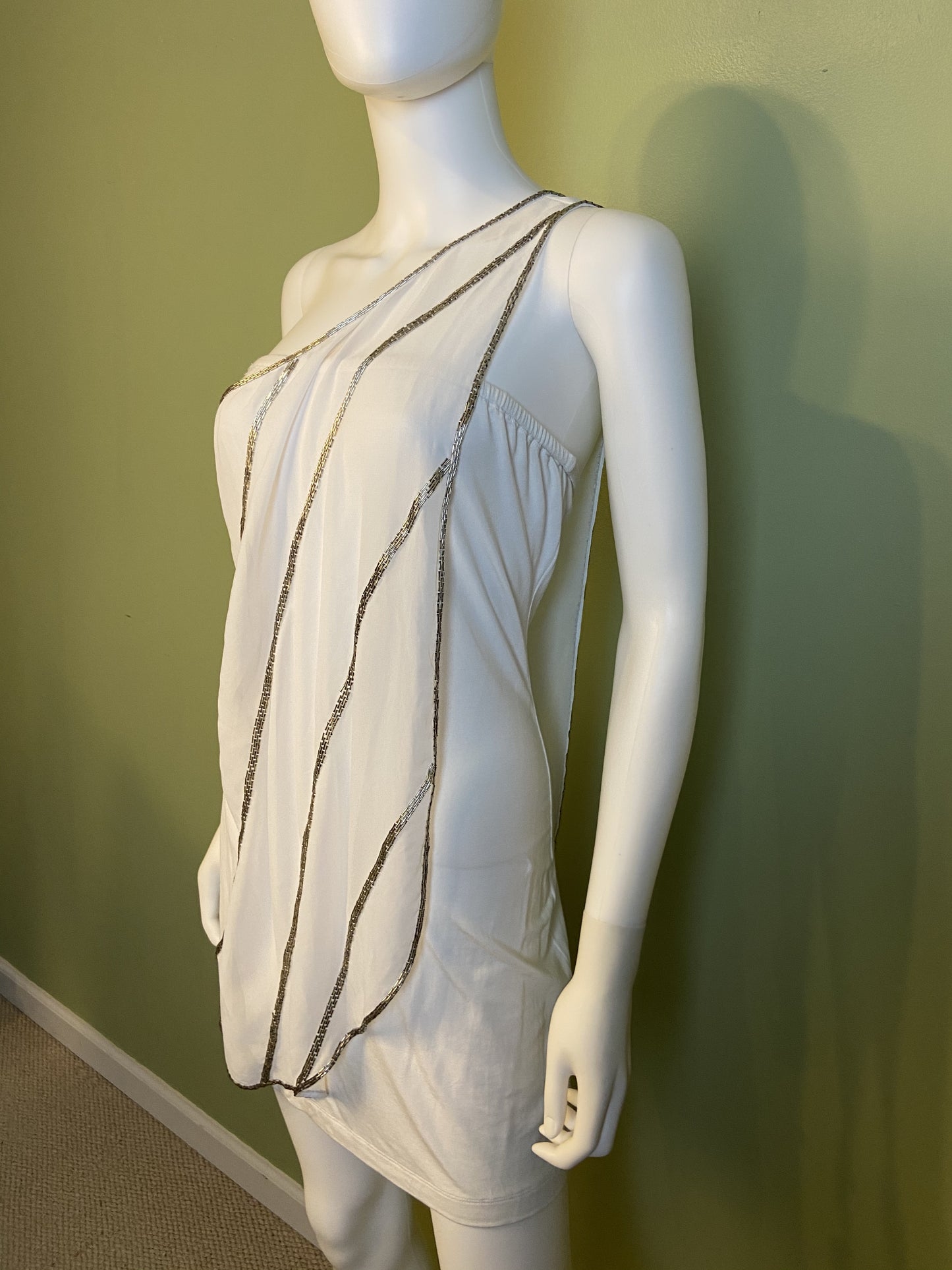 White Silver Beaded Grecian Stretch Mini Dress