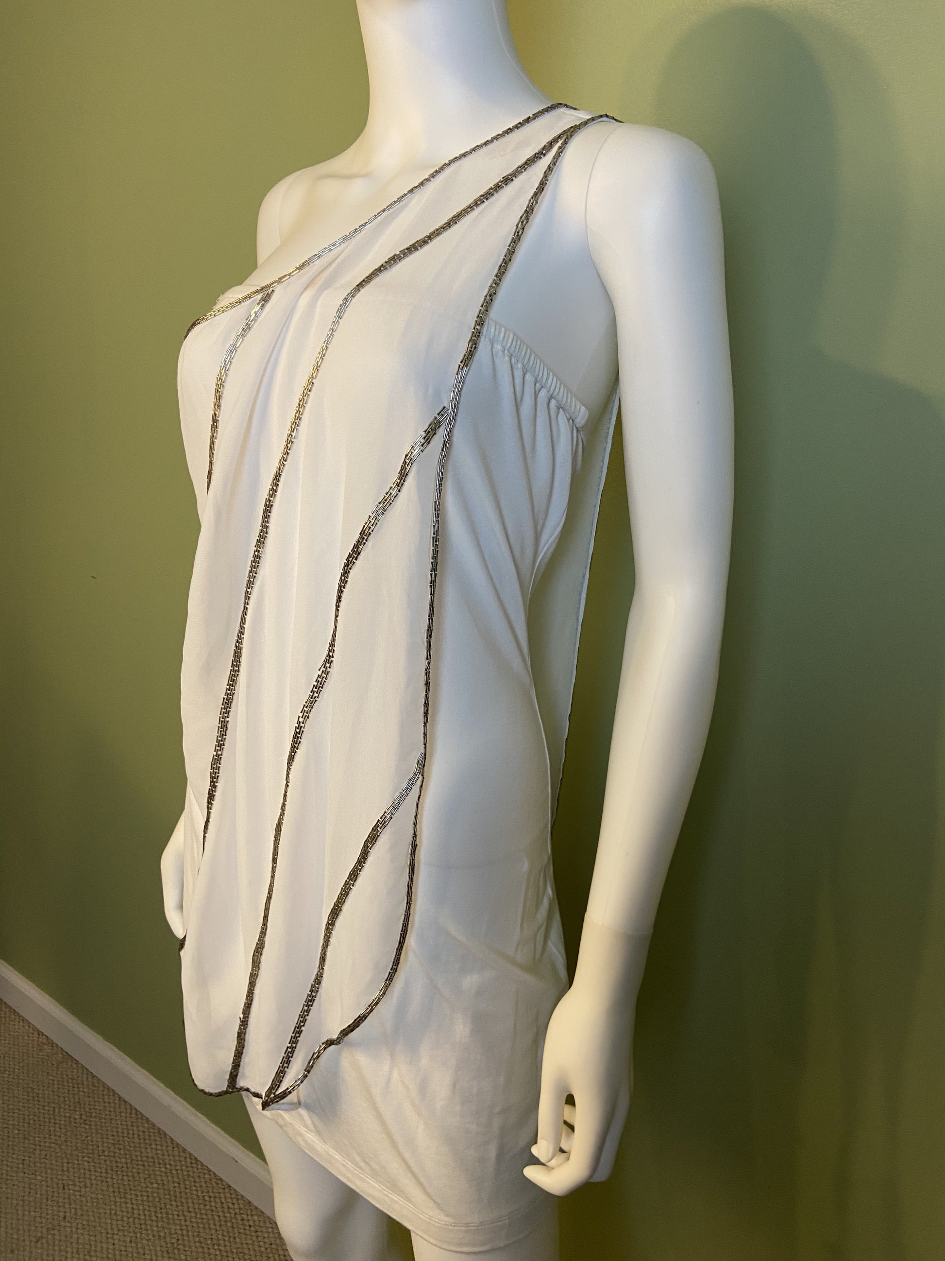 White Silver Beaded Grecian Stretch Mini Dress ABBY ESSIE Designer & Vintage