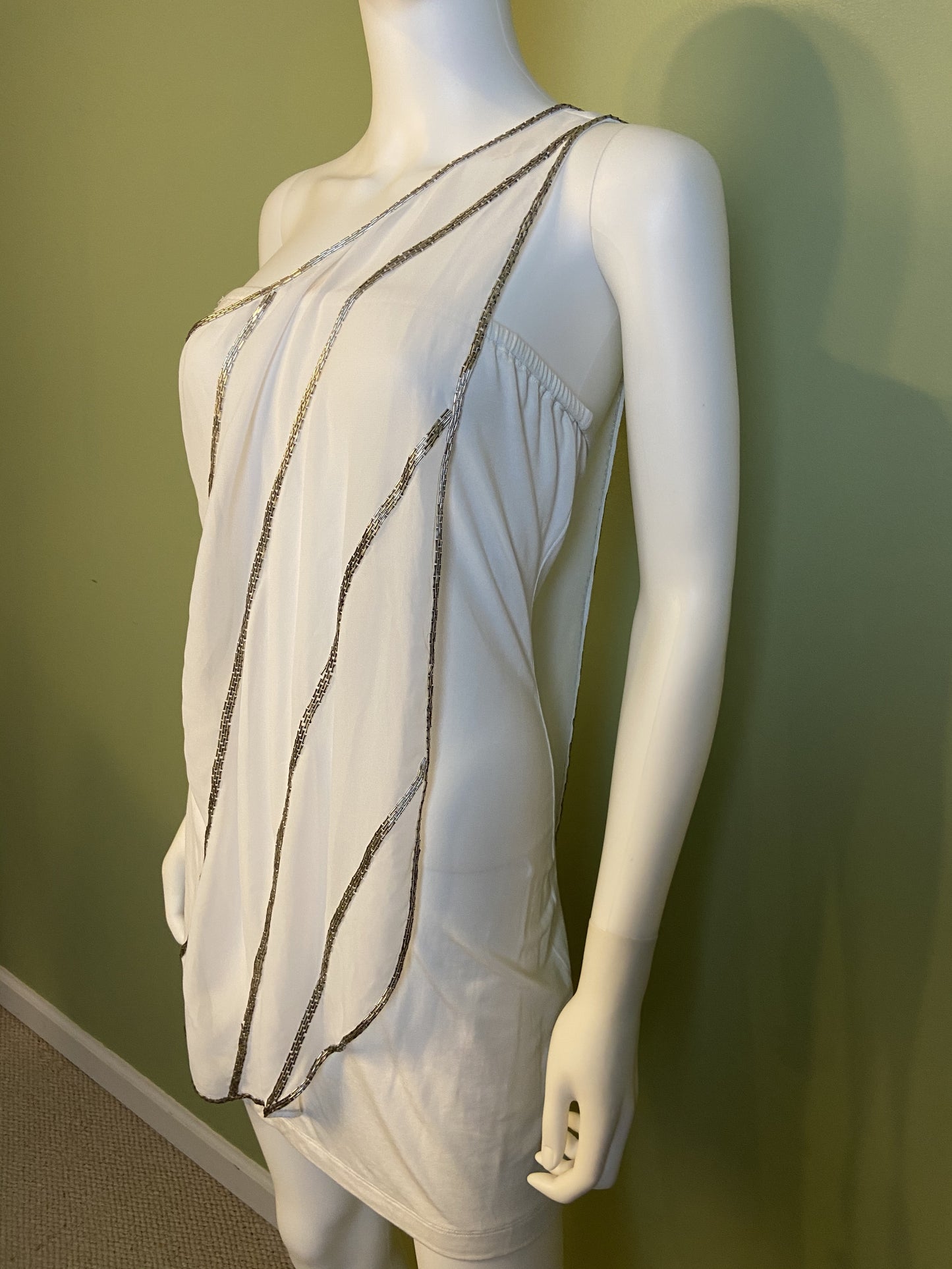 White Silver Beaded Grecian Stretch Mini Dress