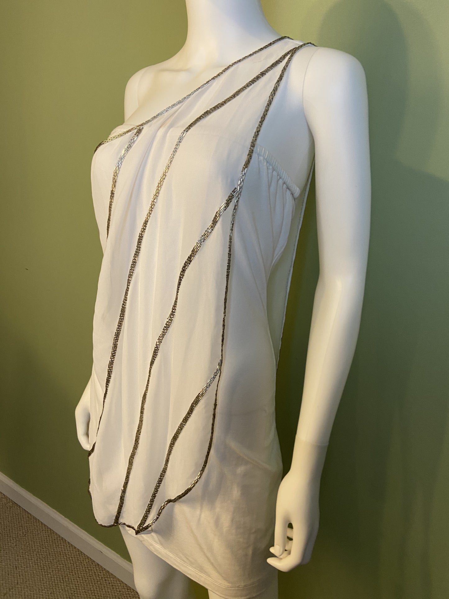 White Silver Beaded Grecian Stretch Mini Dress