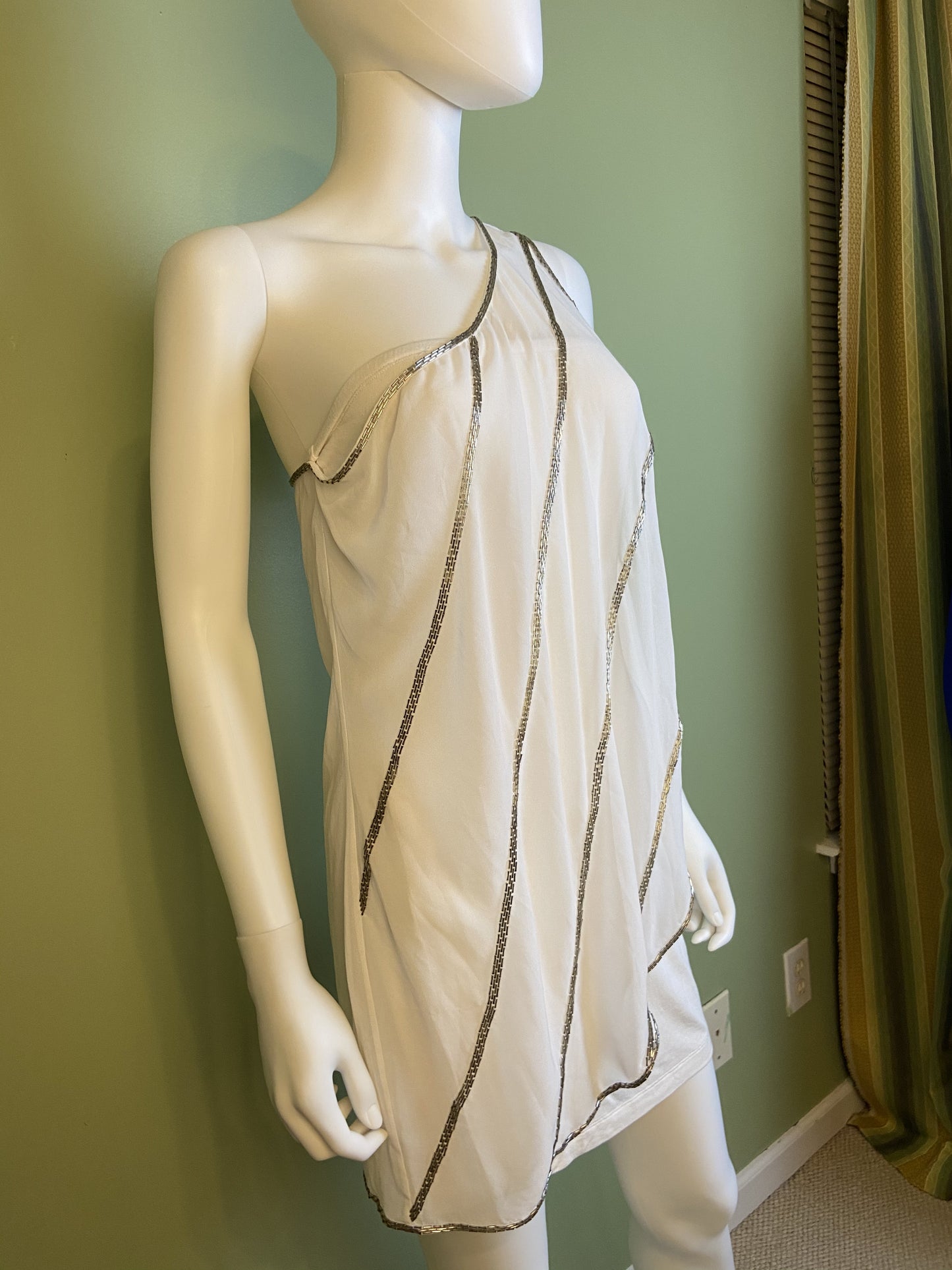 White Silver Beaded Grecian Stretch Mini Dress