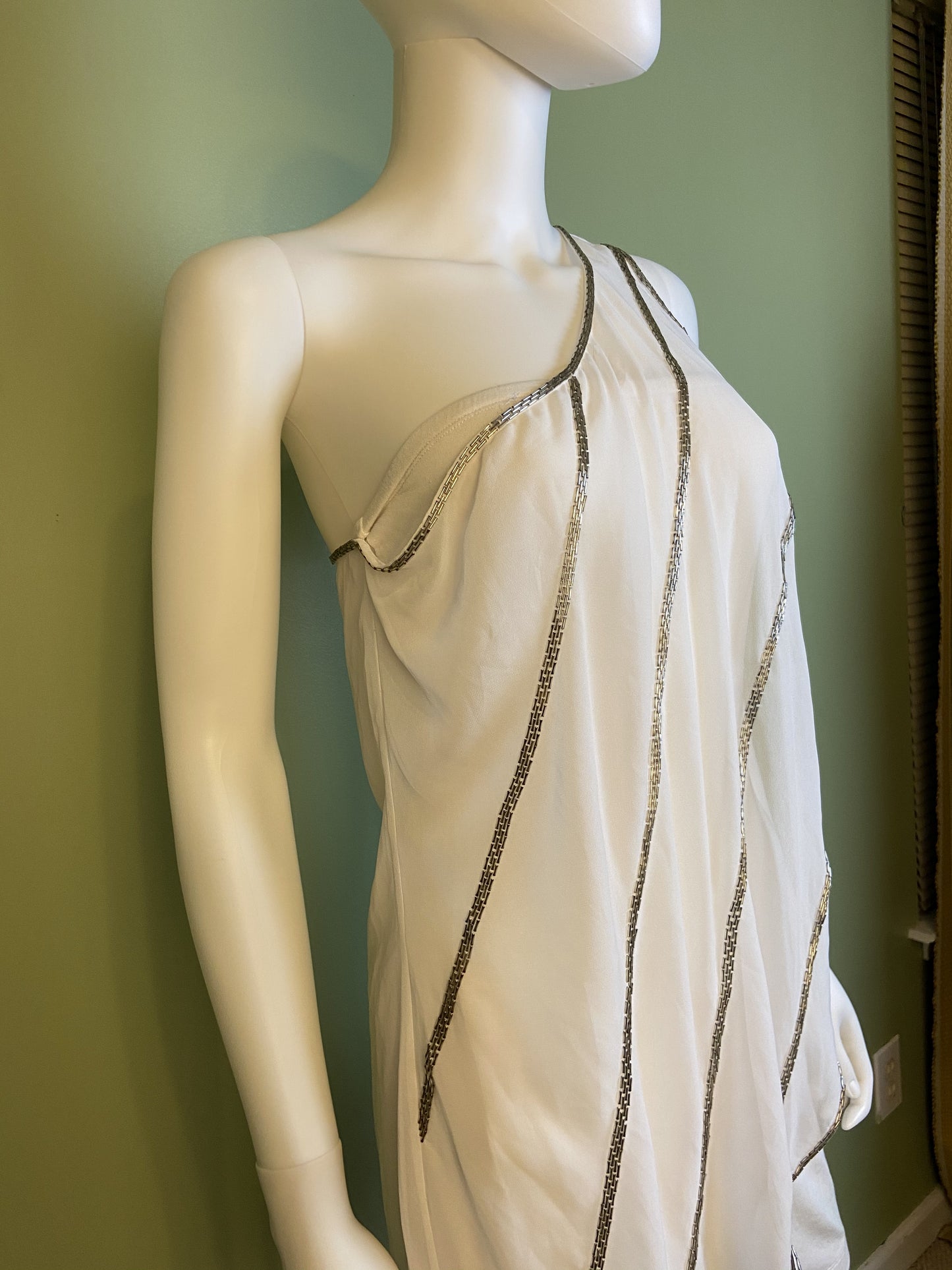White Silver Beaded Grecian Stretch Mini Dress
