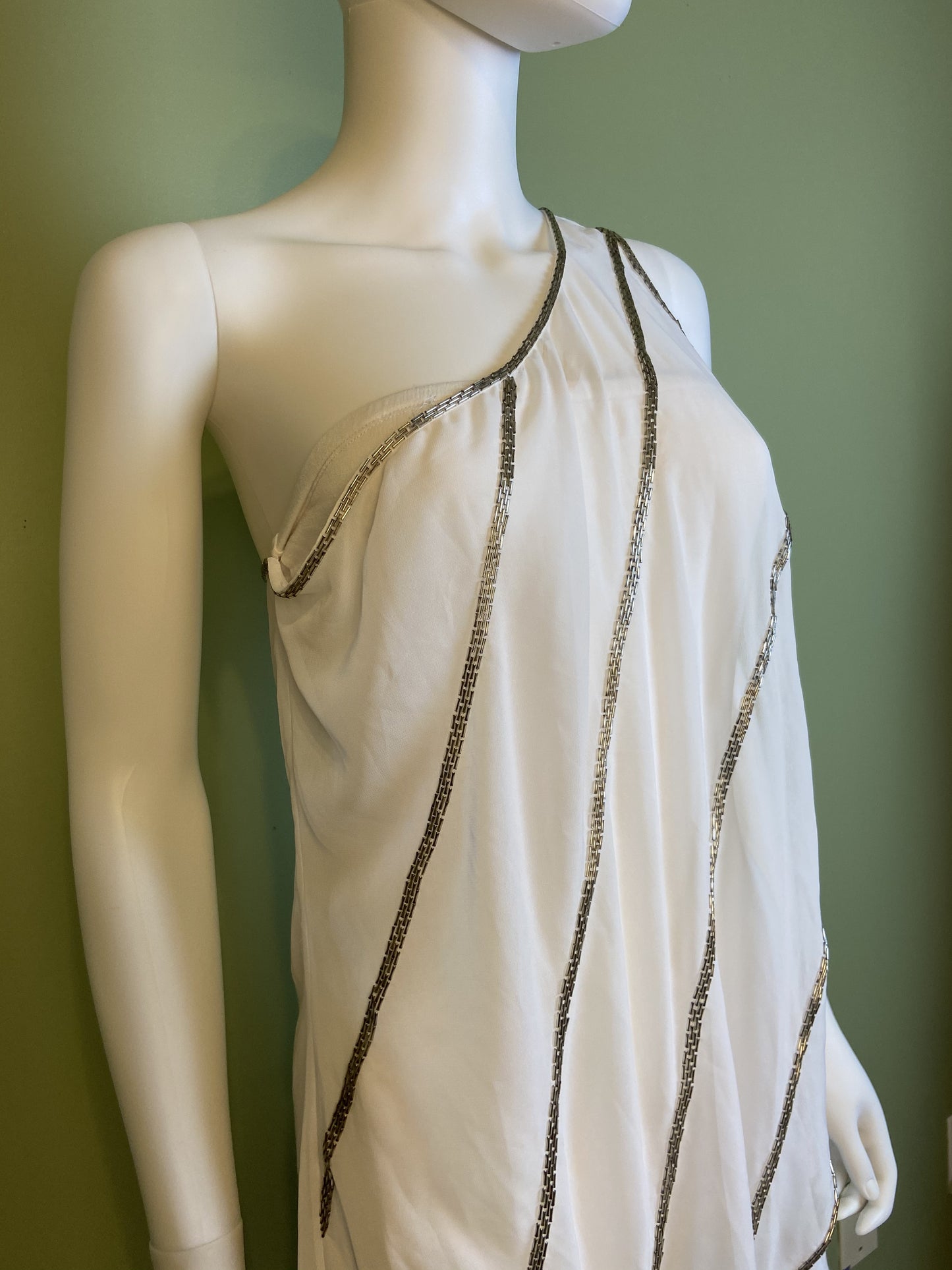 White Silver Beaded Grecian Stretch Mini Dress