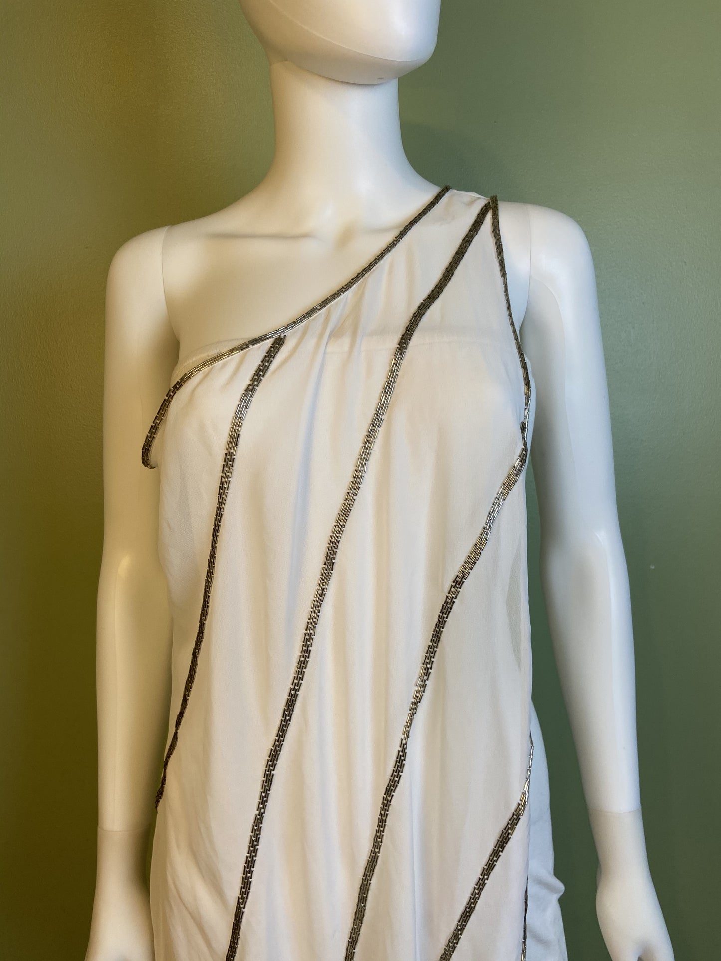 White Silver Beaded Grecian Stretch Mini Dress
