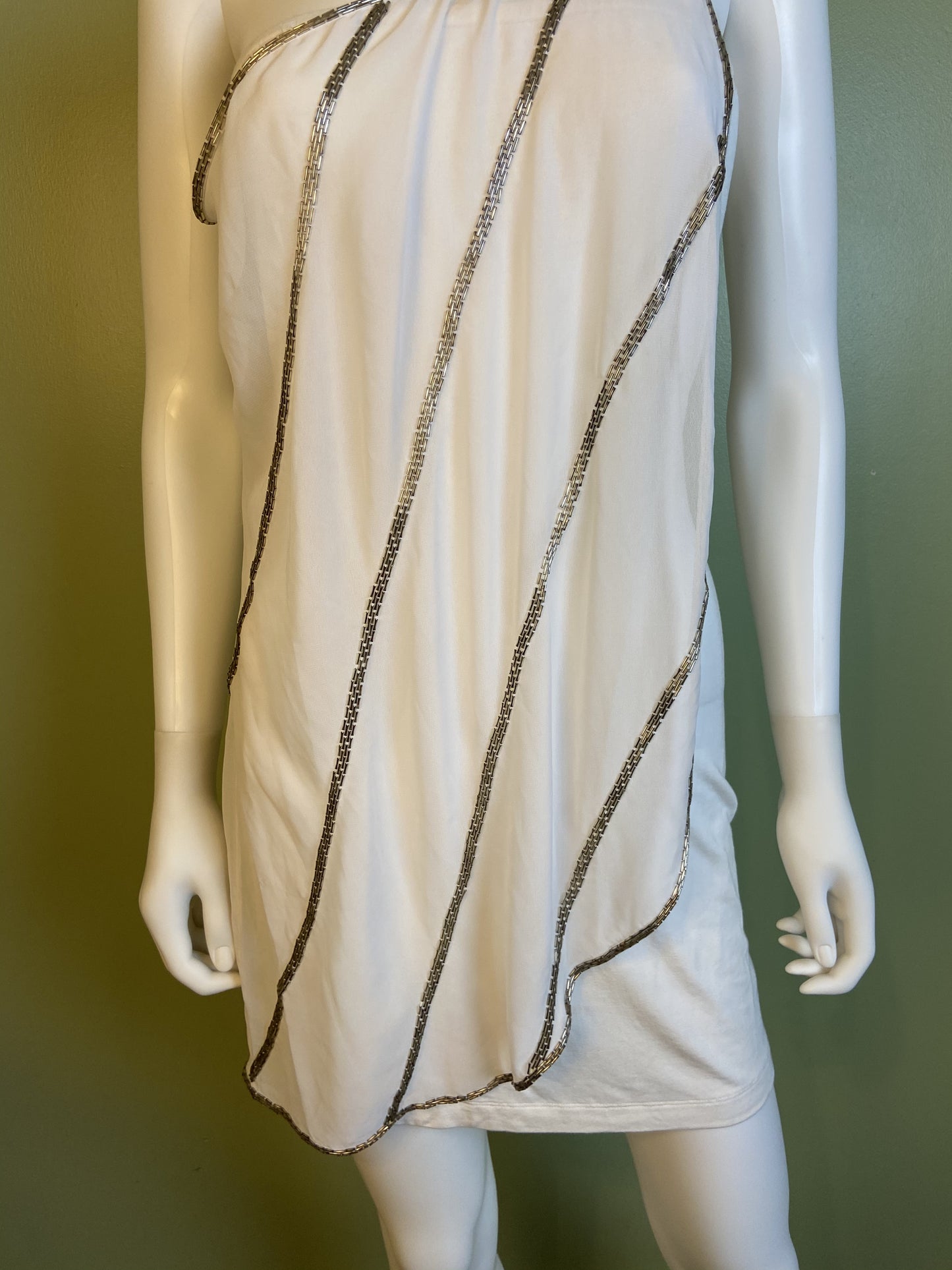 White Silver Beaded Grecian Stretch Mini Dress