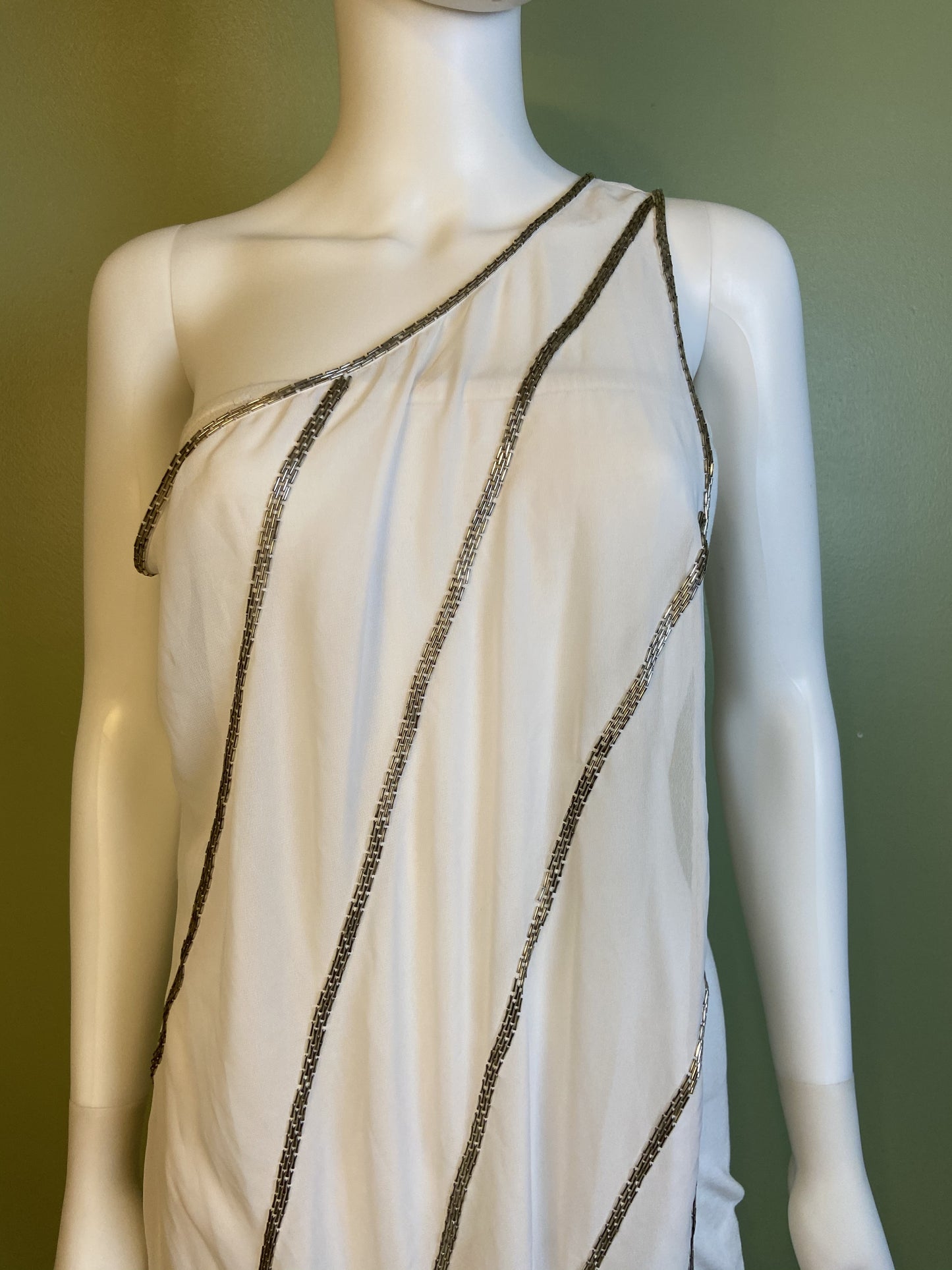 White Silver Beaded Grecian Stretch Mini Dress