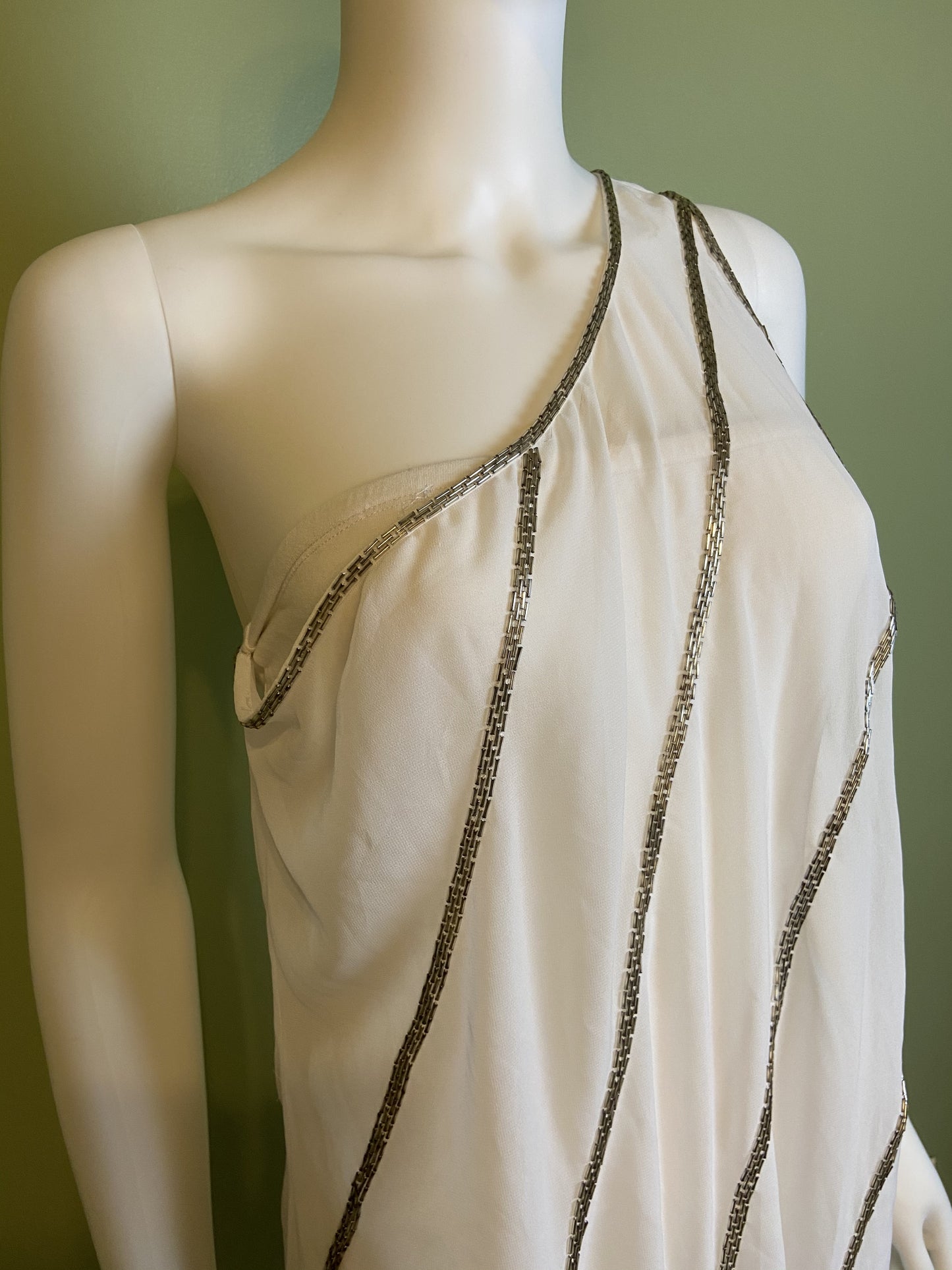White Silver Beaded Grecian Stretch Mini Dress