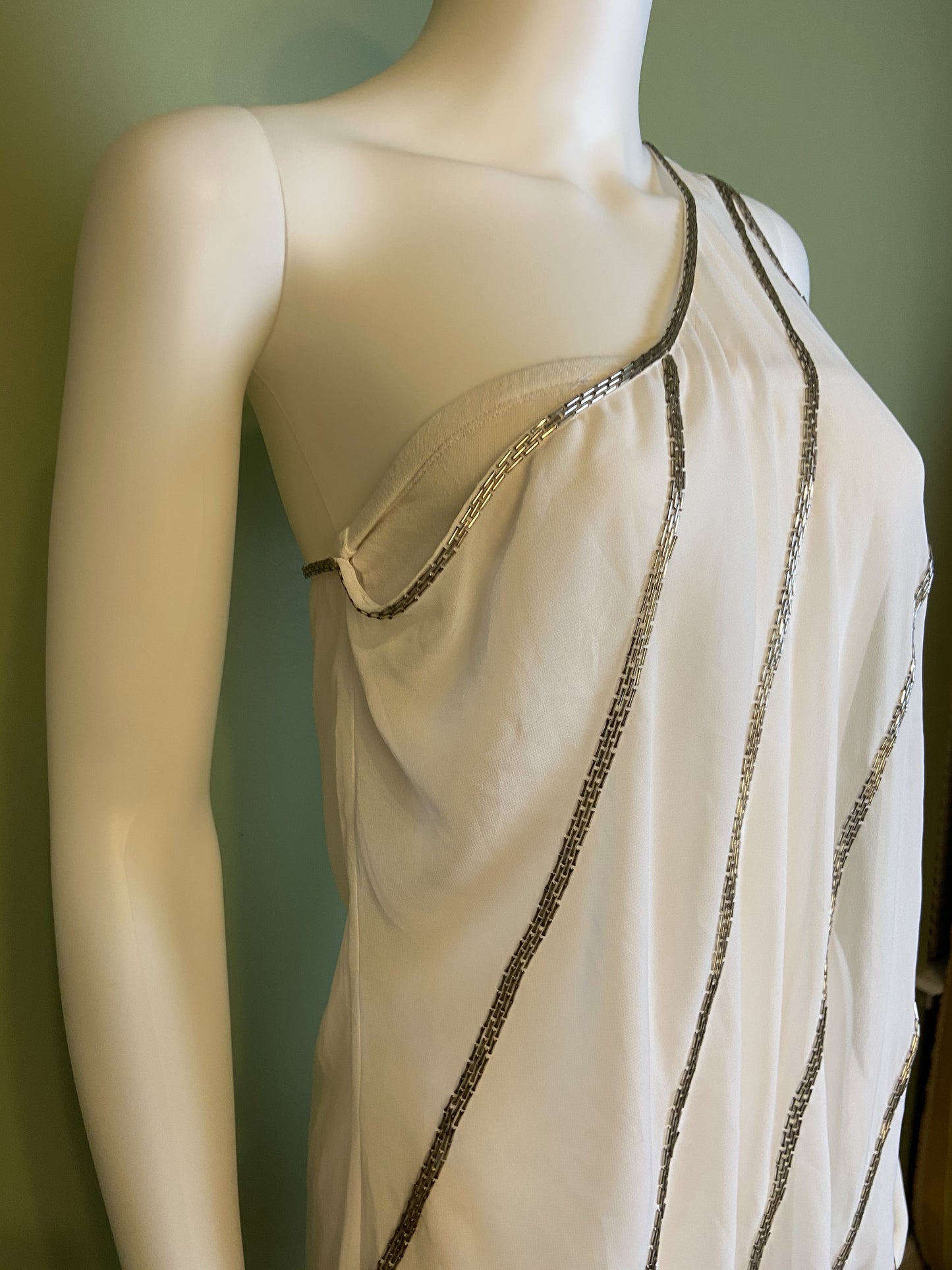 White Silver Beaded Grecian Stretch Mini Dress