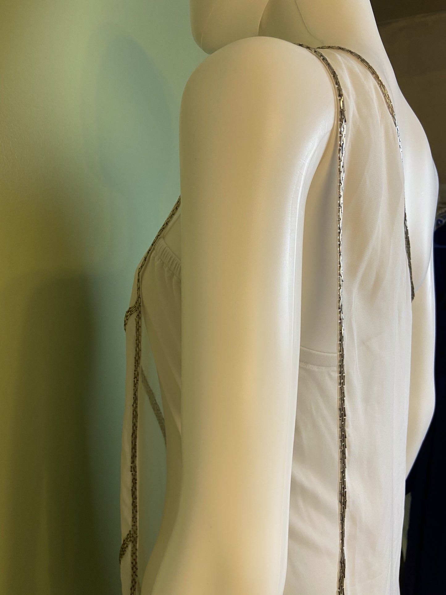 White Silver Beaded Grecian Stretch Mini Dress
