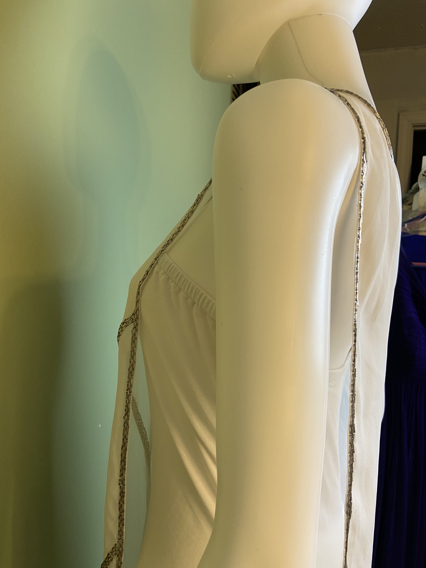 White Silver Beaded Grecian Stretch Mini Dress