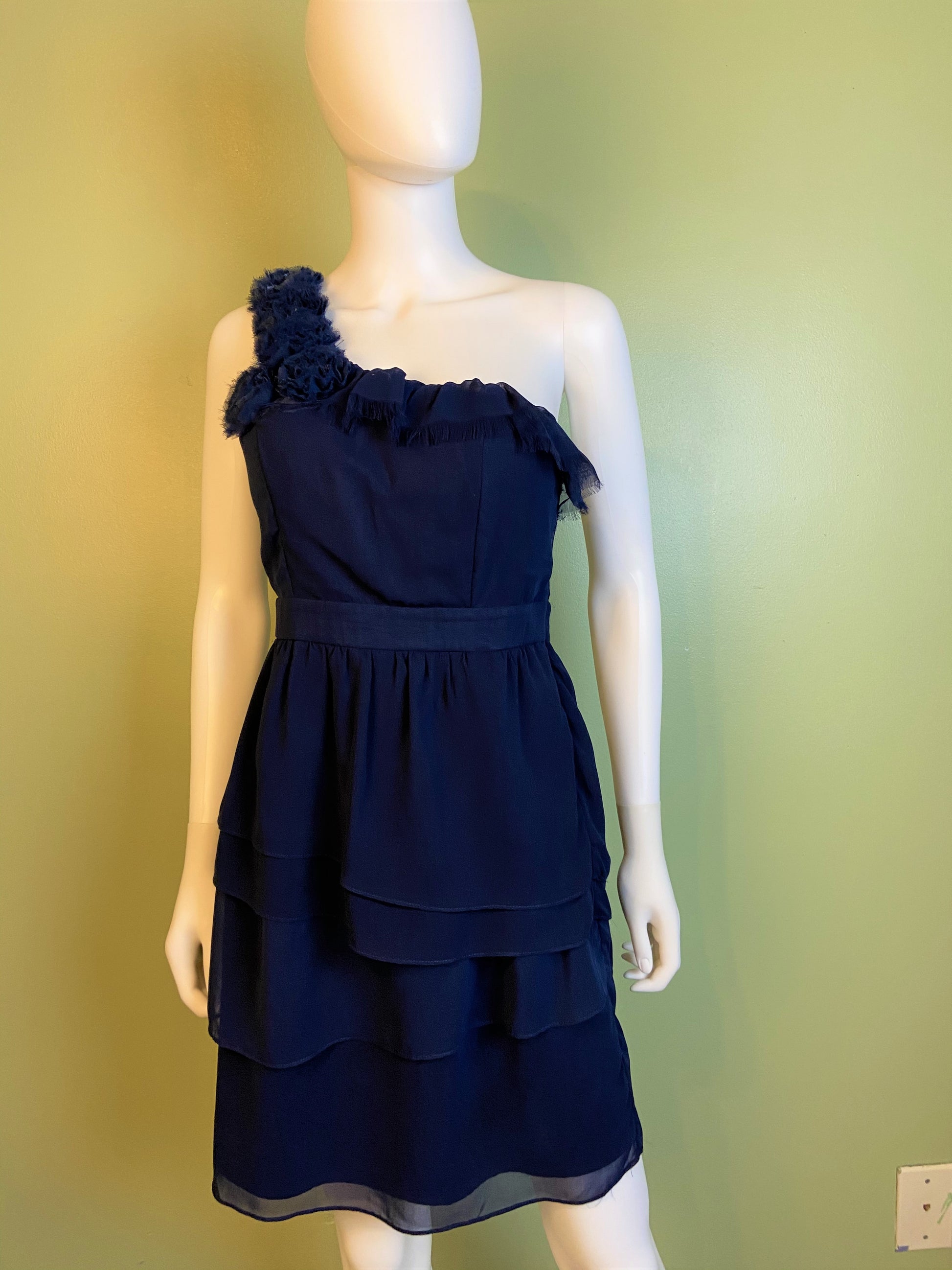 Navy Blue Silky Layered One Shoulder Cocktail Dress Abby Essie