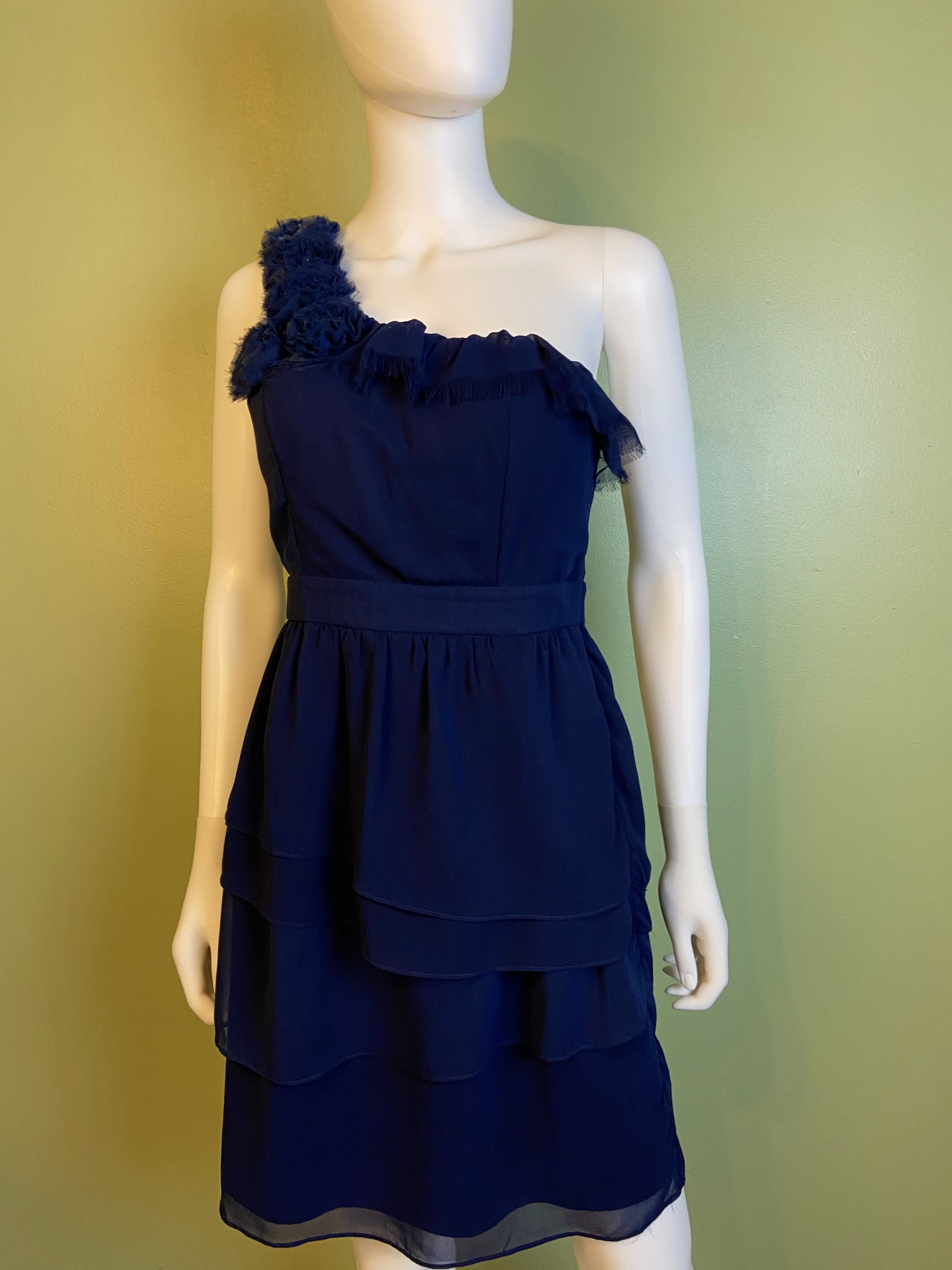 Navy Blue Silky Layered One Shoulder Cocktail Dress Abby Essie