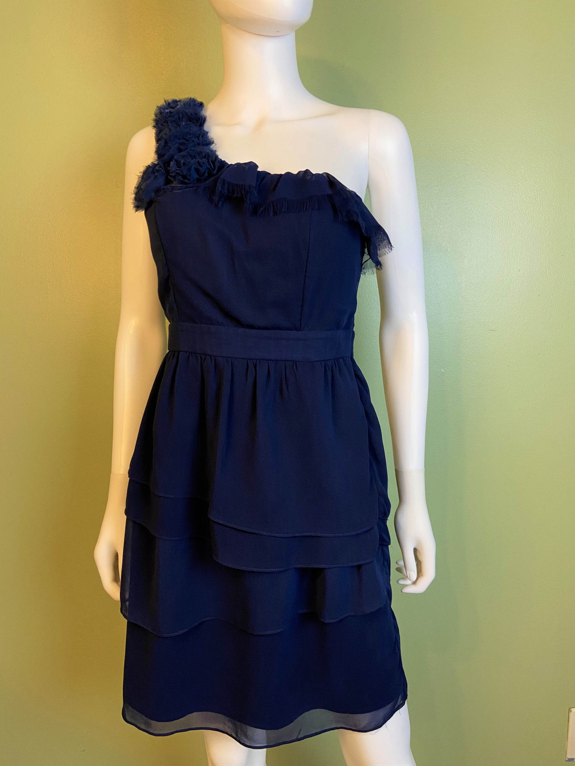 Navy Blue Silky Layered One Shoulder Cocktail Dress Abby Essie