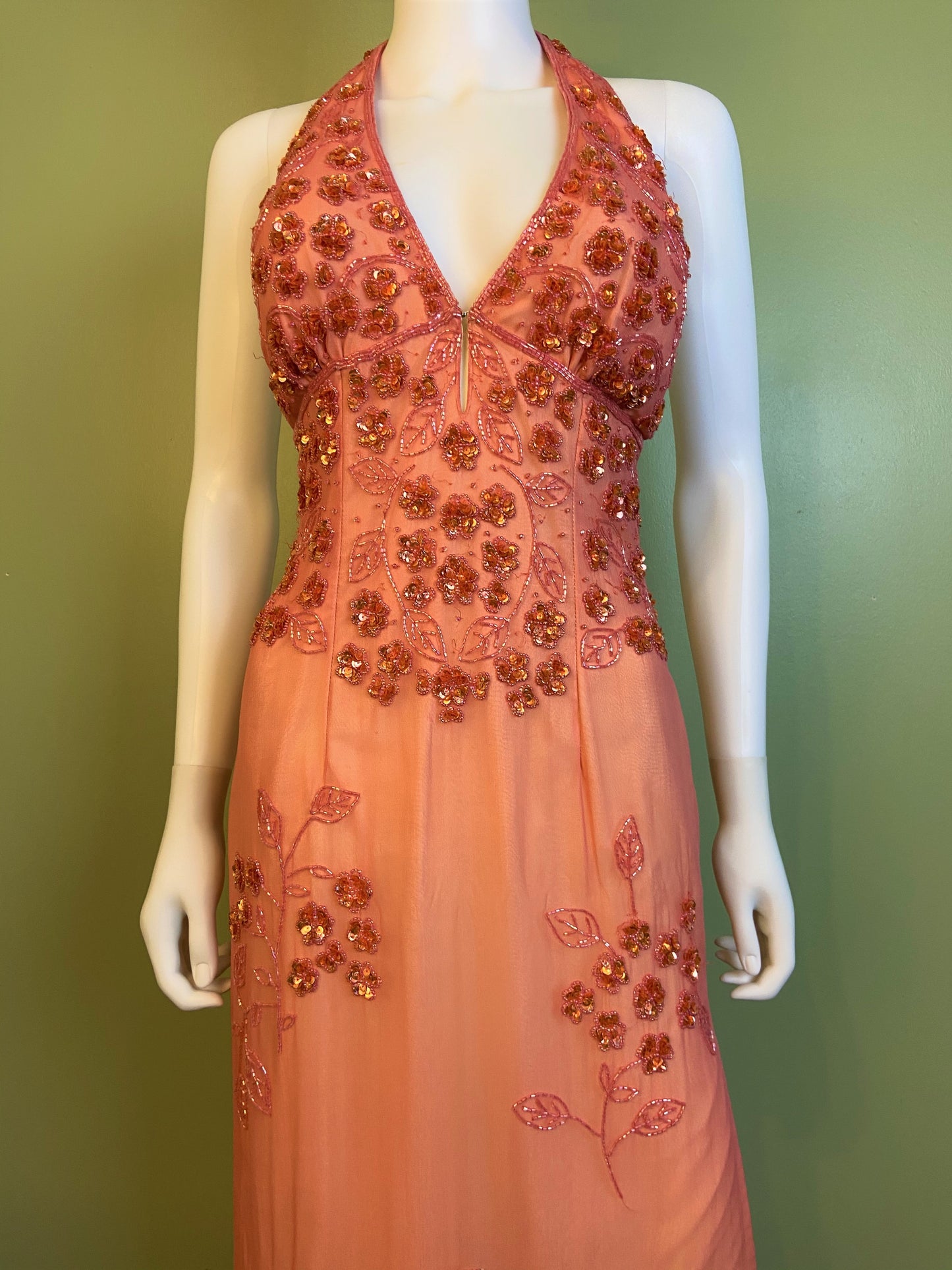 Pink Silk Sequin Beaded Halter Gown