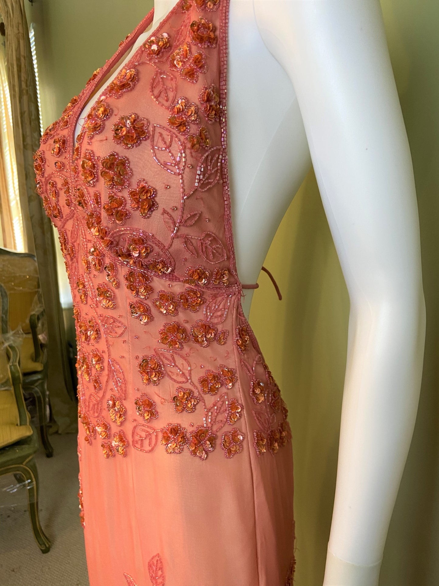 Pink Silk Sequin Beaded Halter Gown