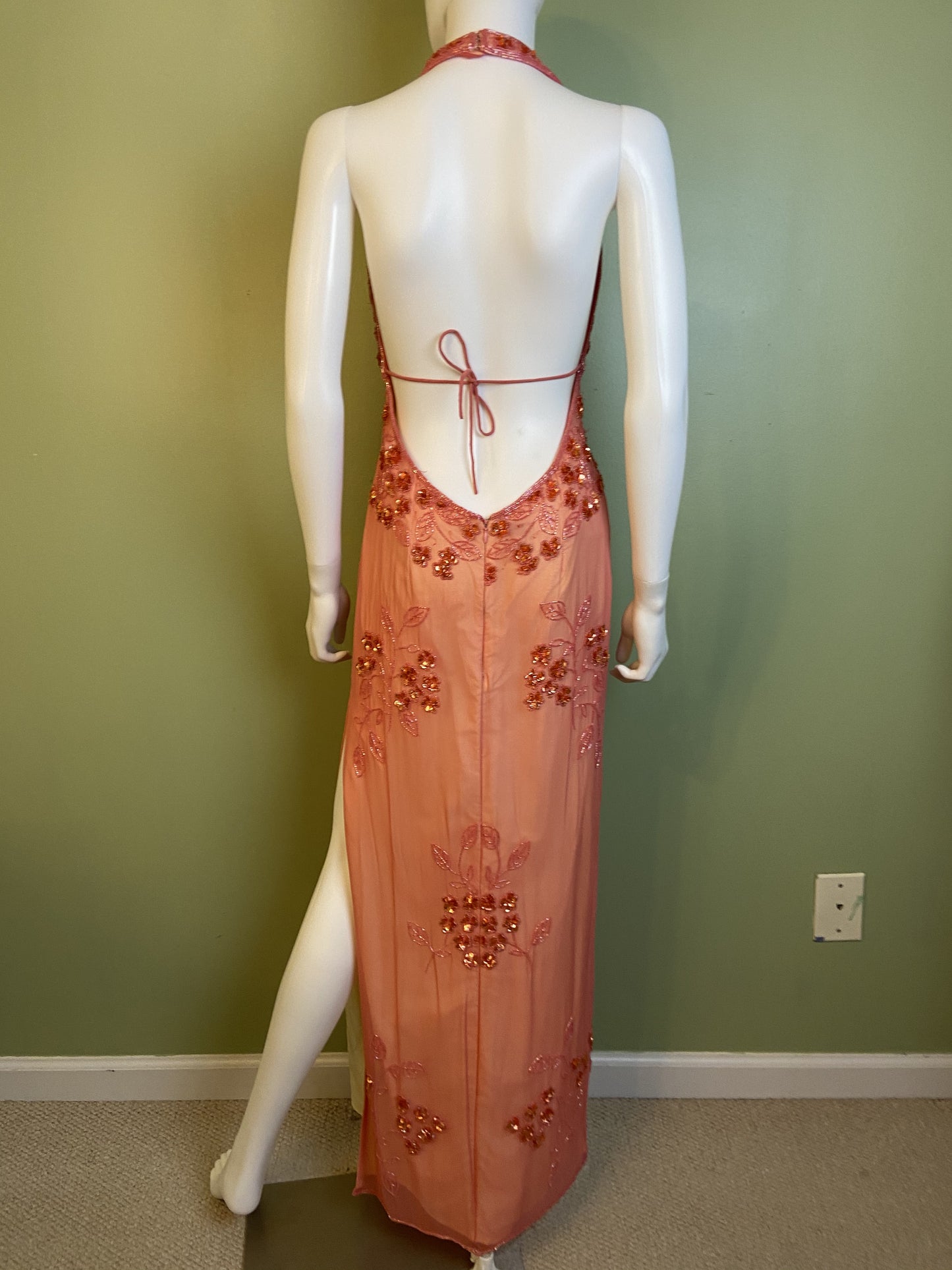 Pink Silk Sequin Beaded Halter Gown