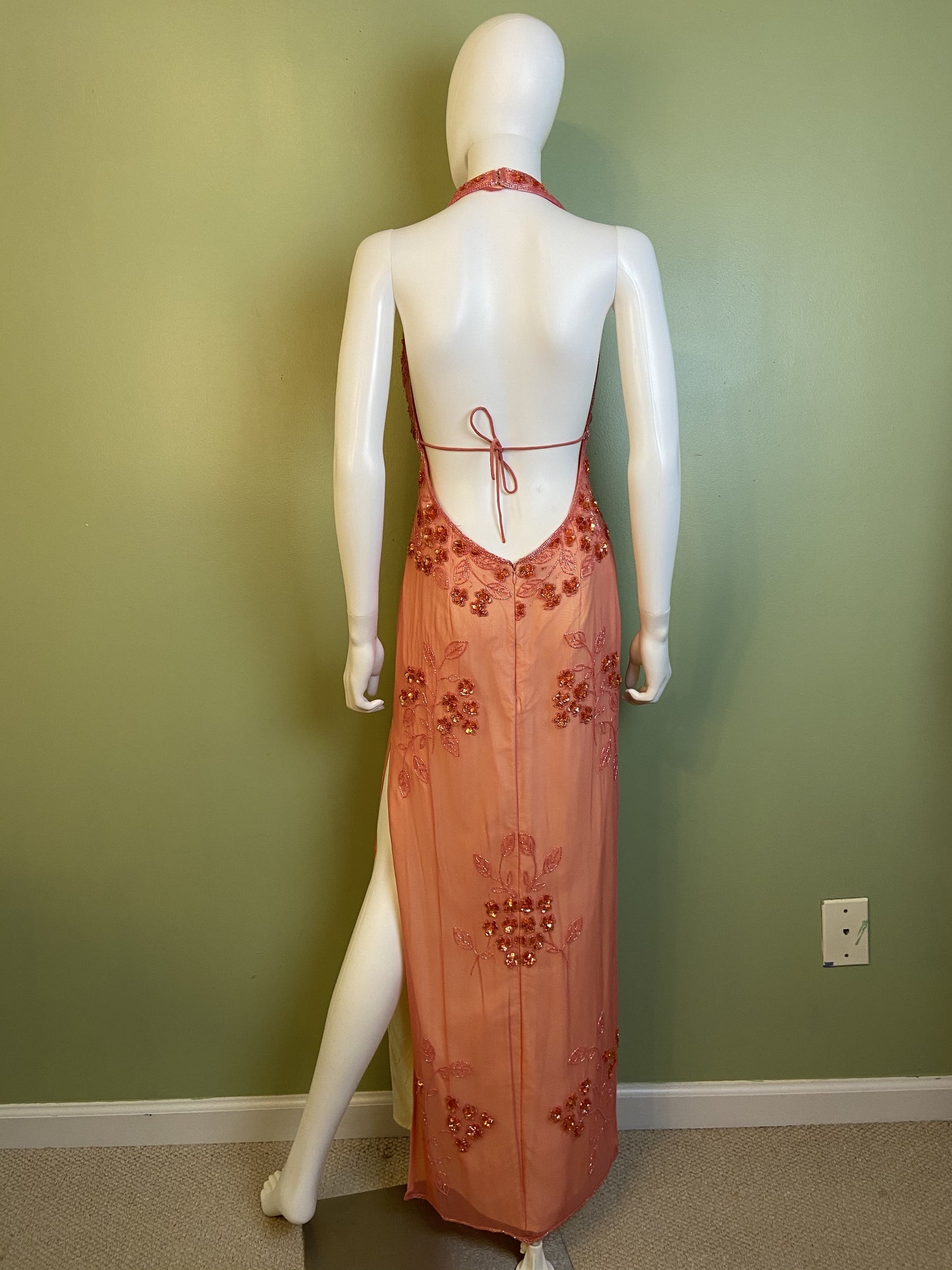 Pink Silk Sequin Beaded Halter Gown