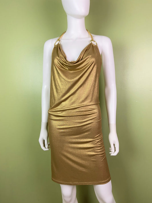 Gold Glittery Metallic Stretch Halter Dress Abby Essie