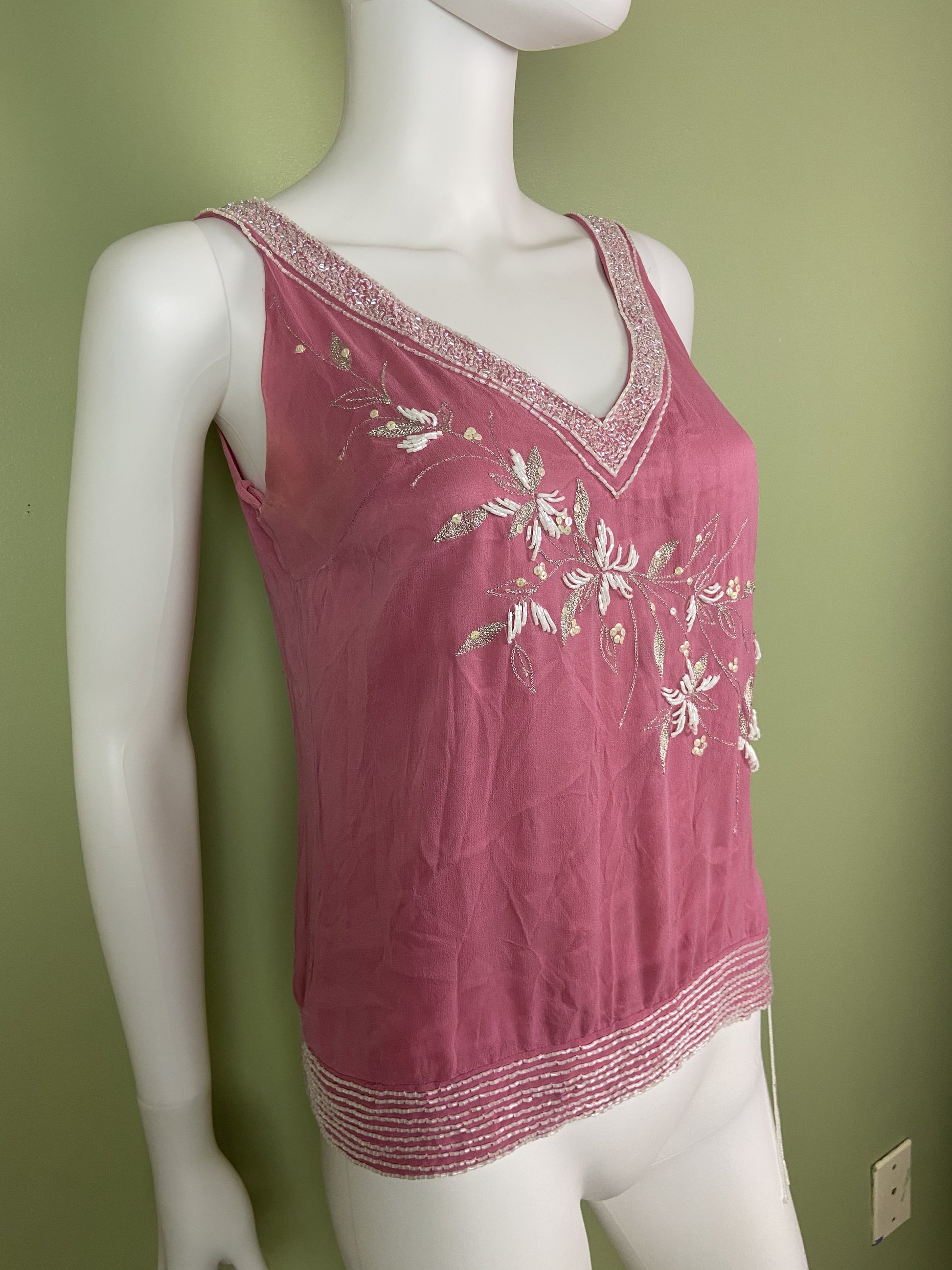 Pink Silk Beaded Sequin Tank Top Abby Essie