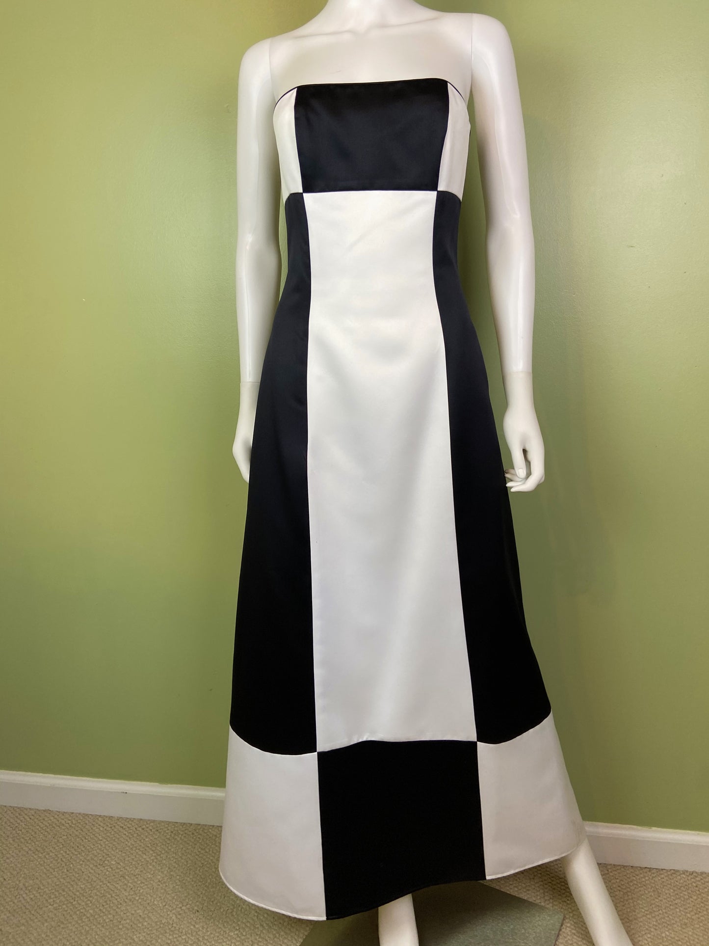 Vintage Satin Black White Checkerboard Tuxedo Gown