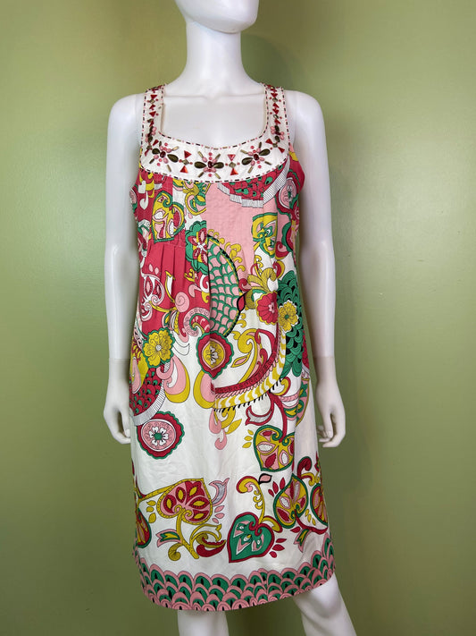 Nicole Miller Bejeweled Graphic Pink Green Silky Sheath Dress Abby Essie