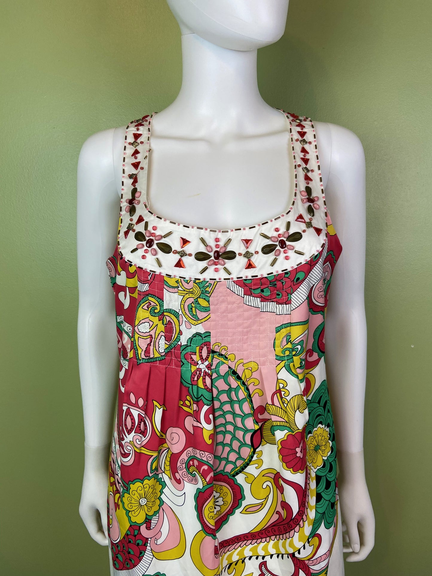 Nicole Miller Bejeweled Graphic Pink Green Silky Sheath Dress