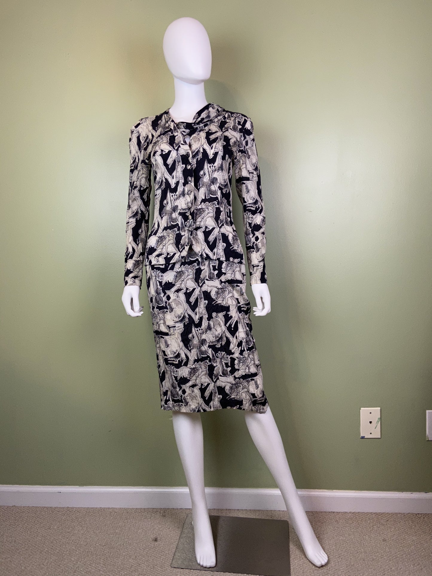 Vintage Black White Graphic Print Silk Peplum Dress