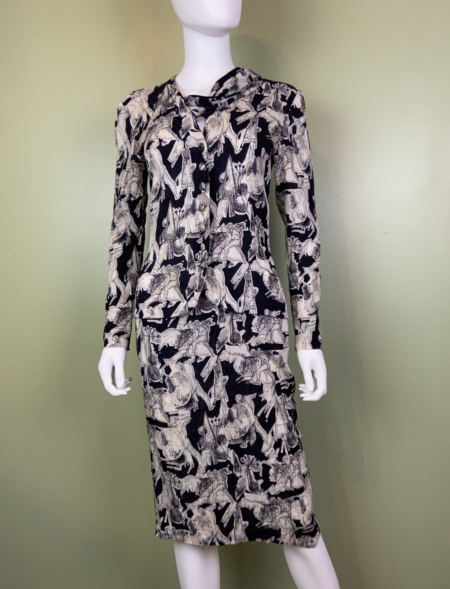Vintage Black White Graphic Print Silk Peplum Dress
