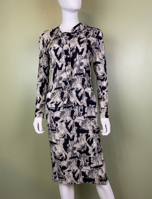 Vintage Black White Graphic Print Silk Peplum Dress Abby Essie