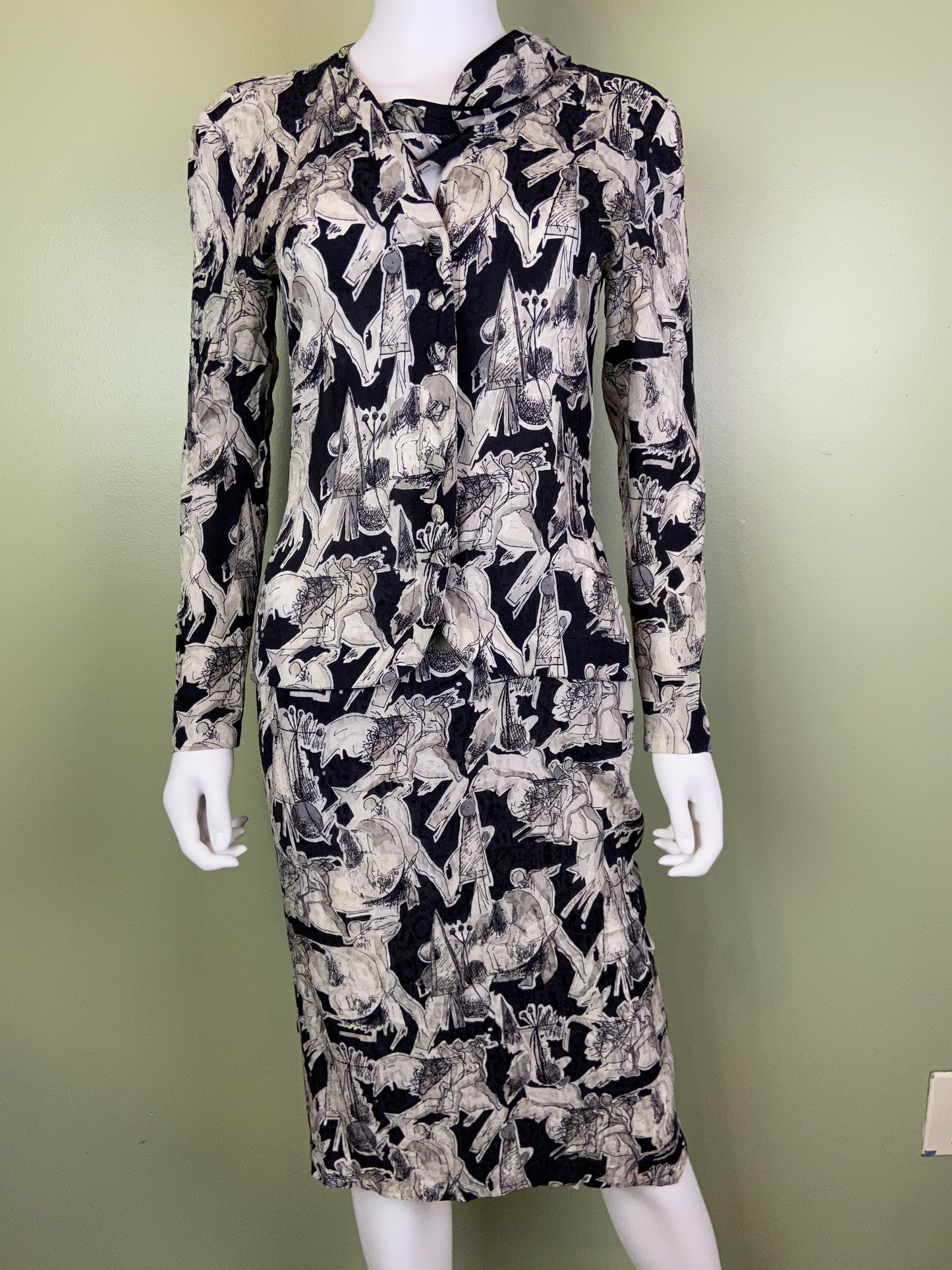 Vintage Black White Graphic Print Silk Peplum Dress