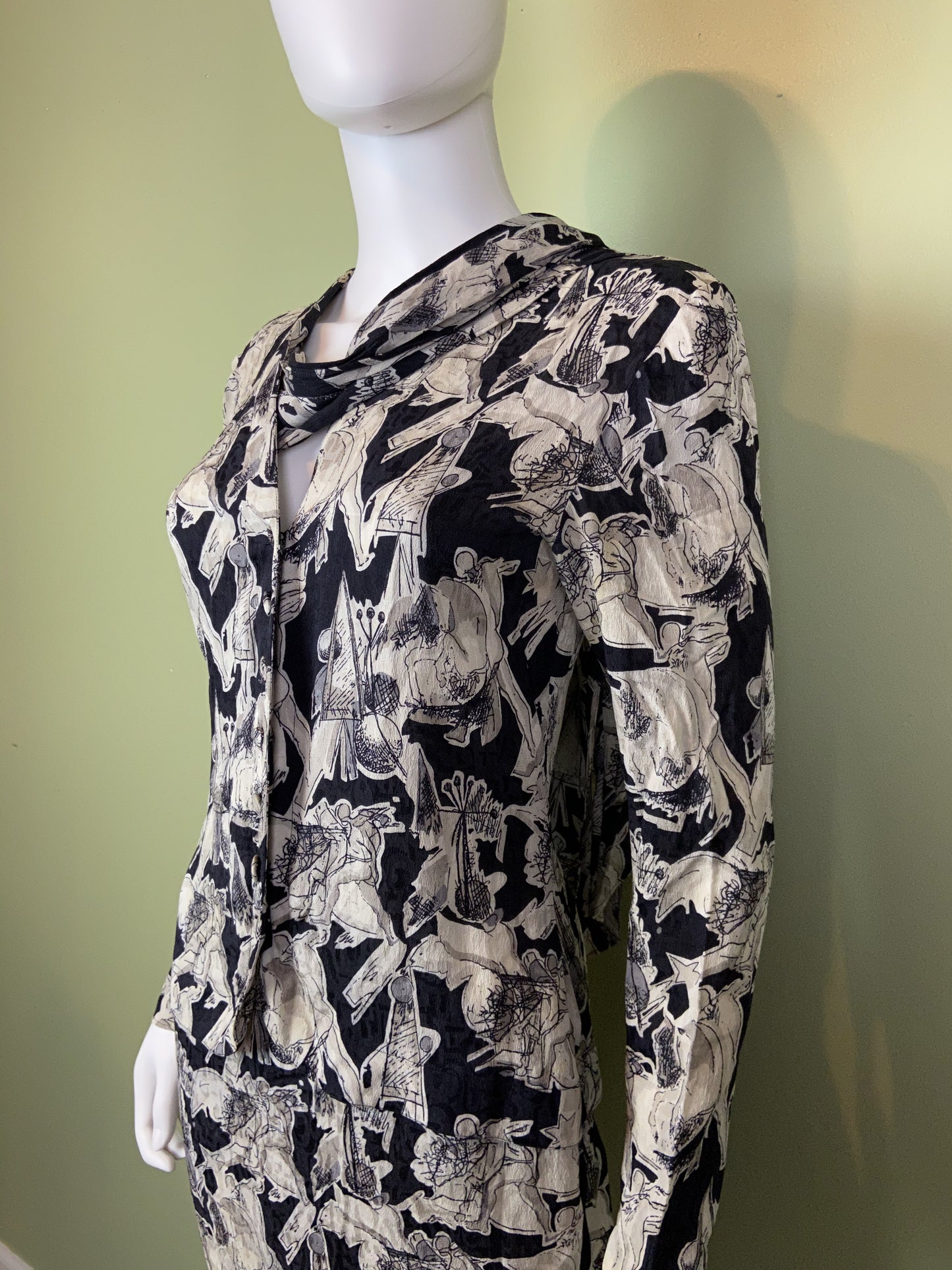 Vintage Black White Graphic Print Silk Peplum Dress