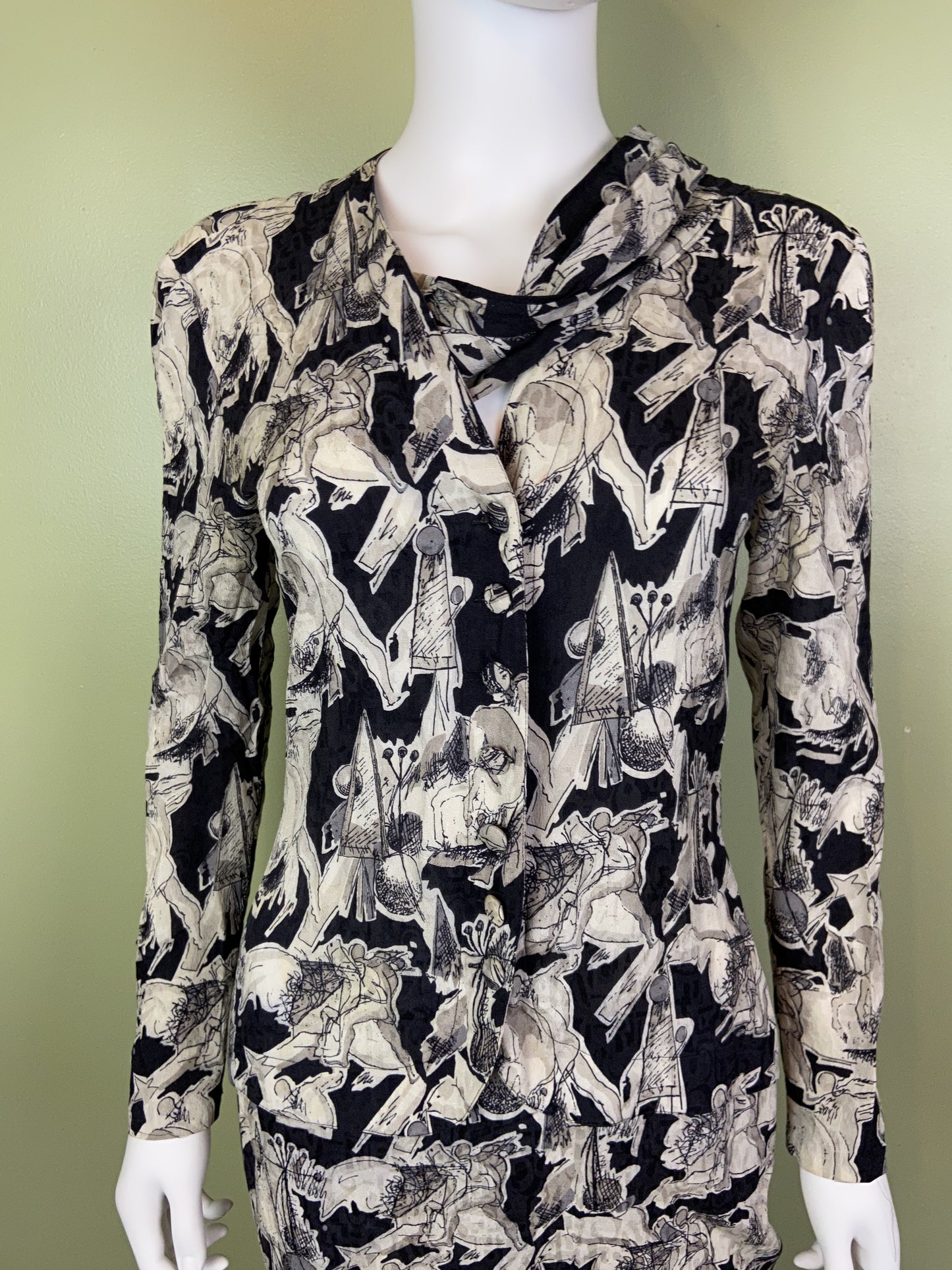 Vintage Black White Graphic Print Silk Peplum Dress