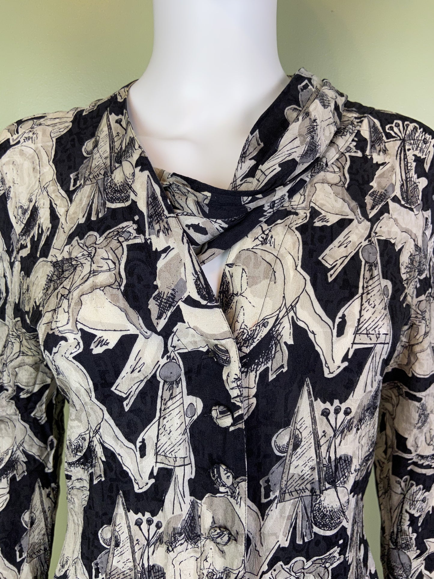 Vintage Black White Graphic Print Silk Peplum Dress