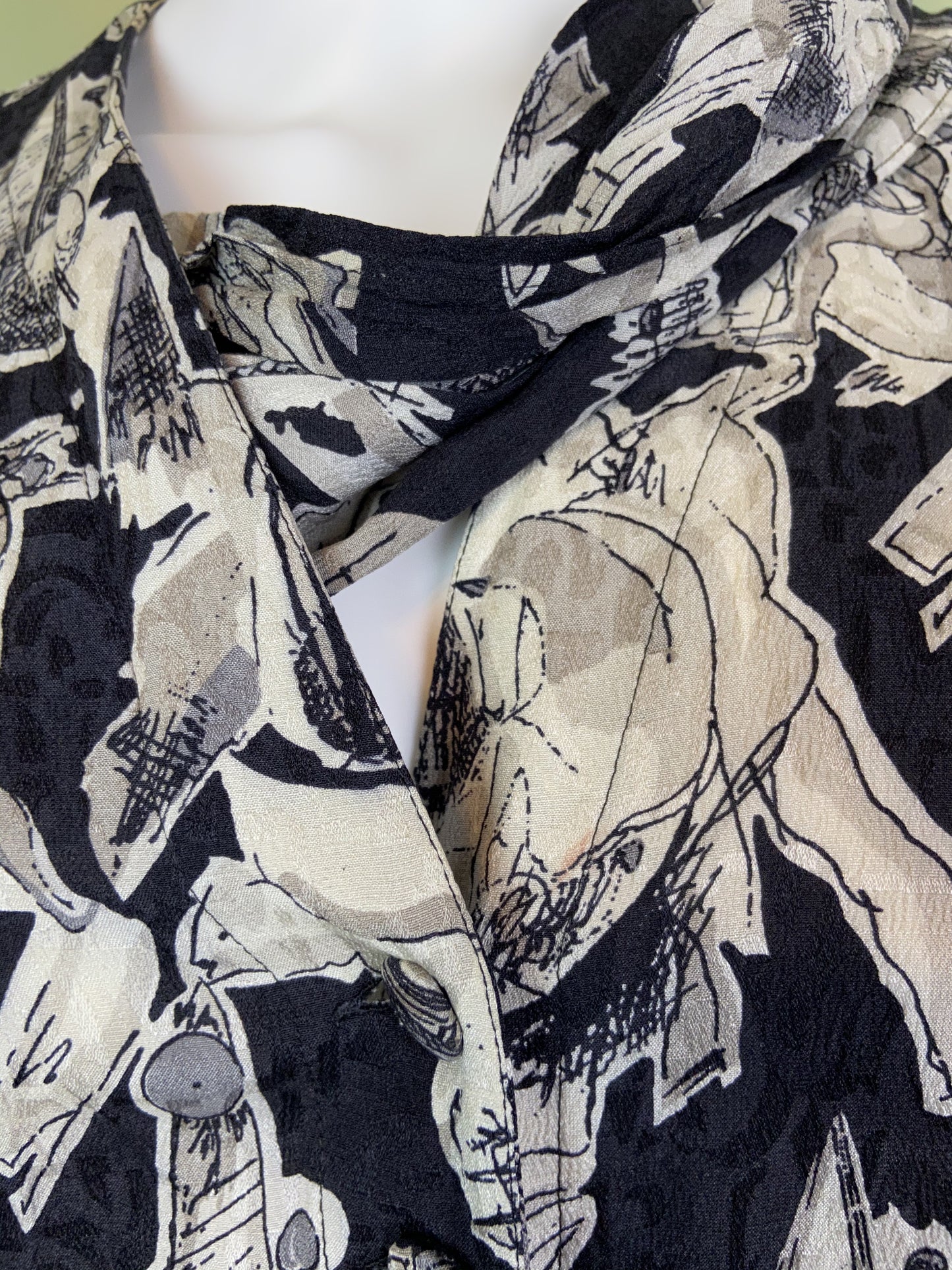 Vintage Black White Graphic Print Silk Peplum Dress