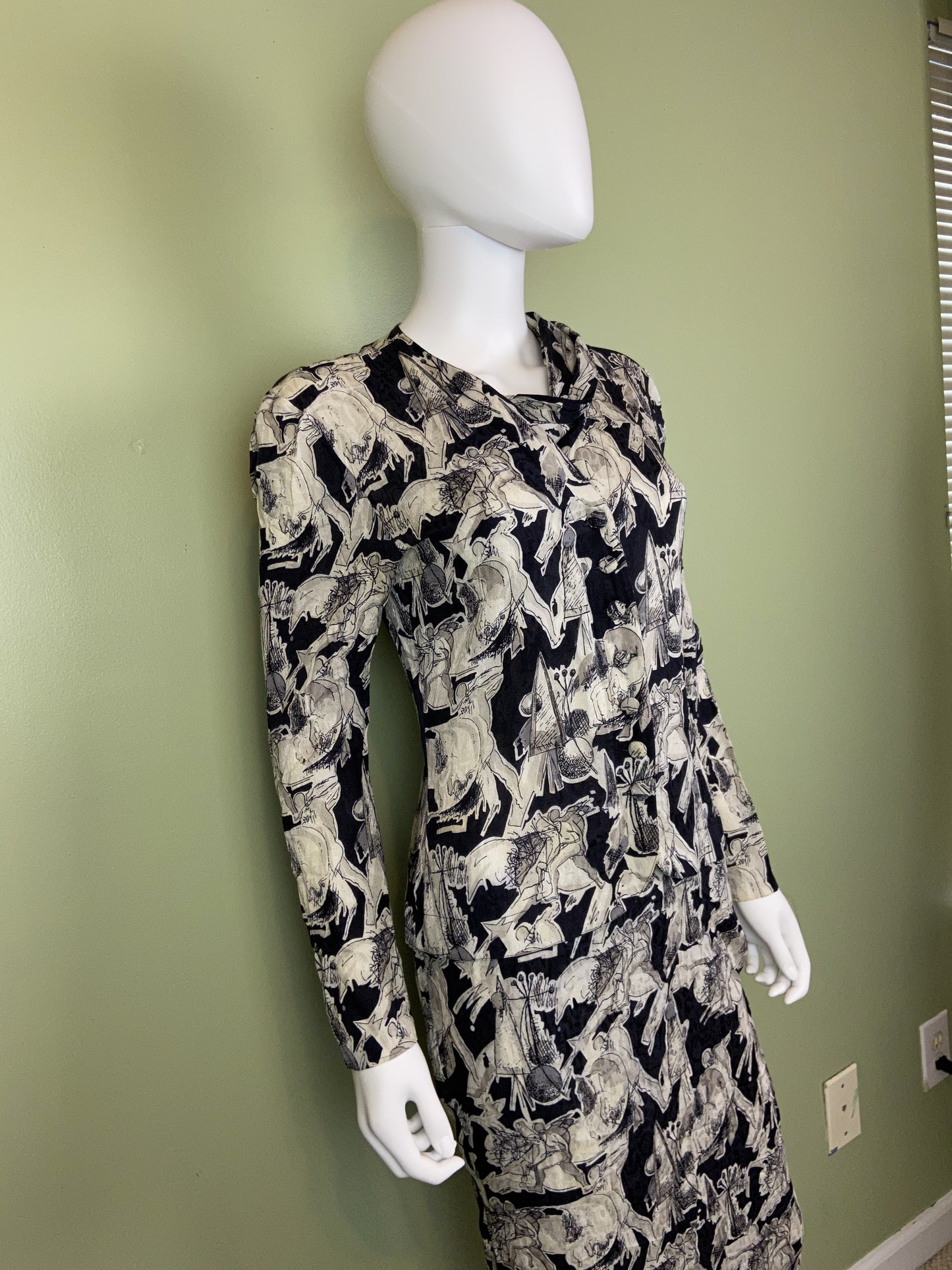 Vintage Black White Graphic Print Silk Peplum Dress