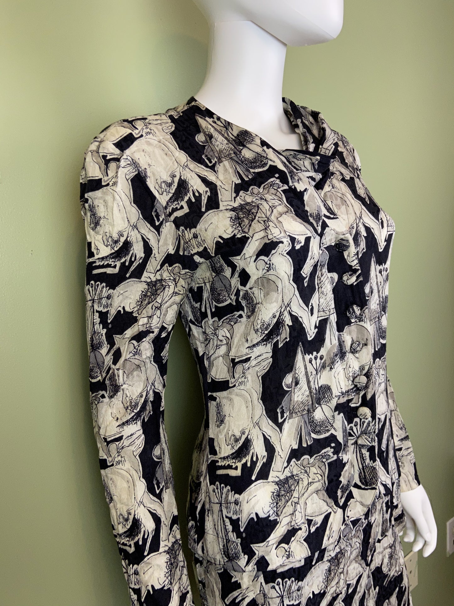 Vintage Black White Graphic Print Silk Peplum Dress