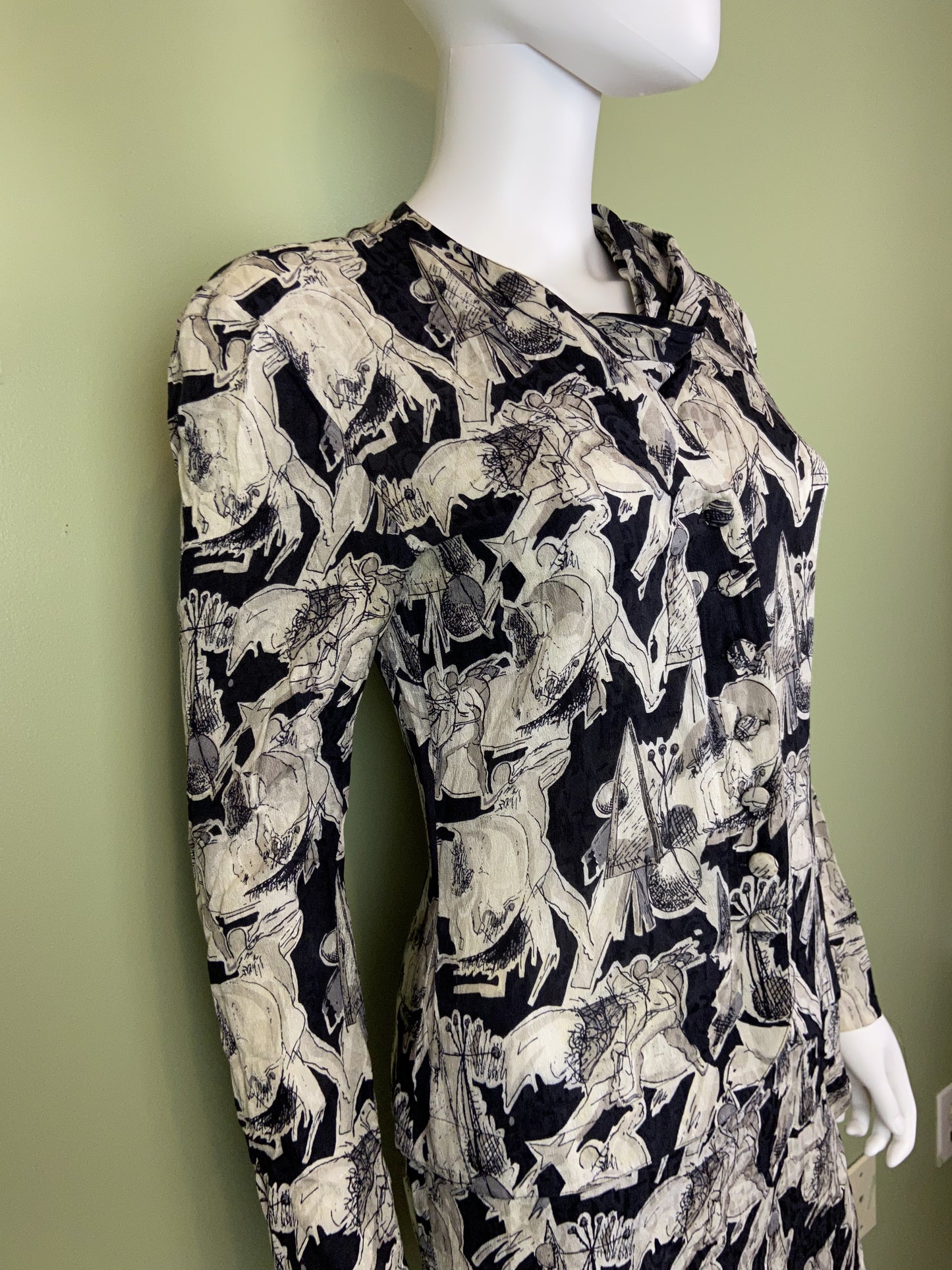 Vintage Black White Graphic Print Silk Peplum Dress Abby Essie