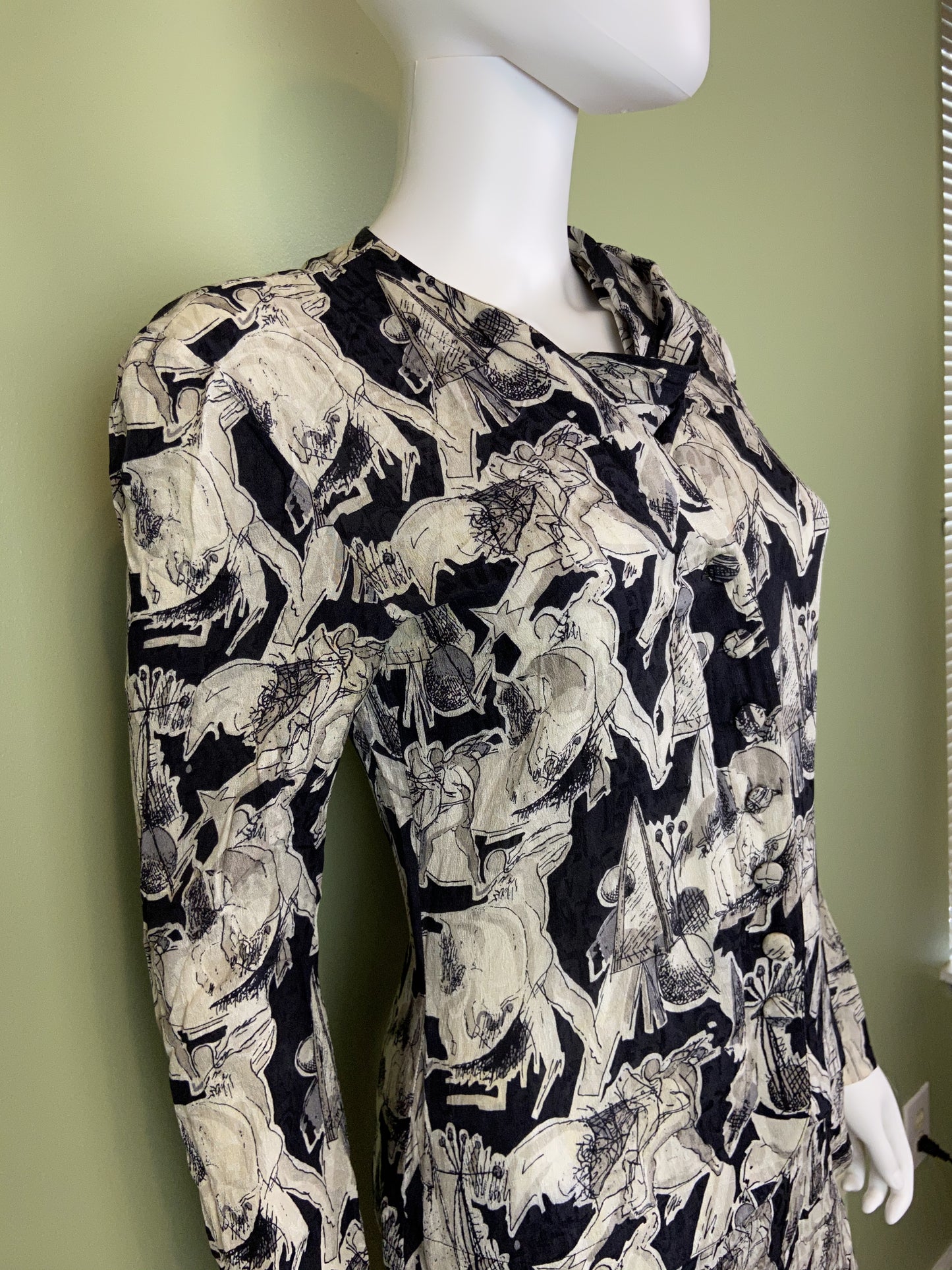 Vintage Black White Graphic Print Silk Peplum Dress
