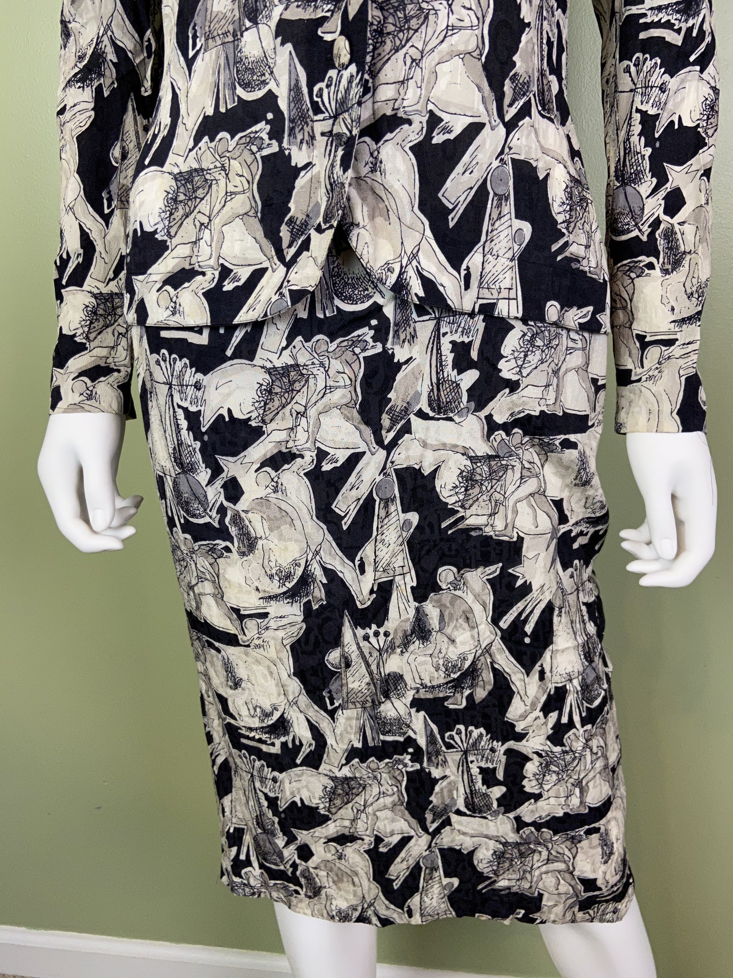 Vintage Black White Graphic Print Silk Peplum Dress