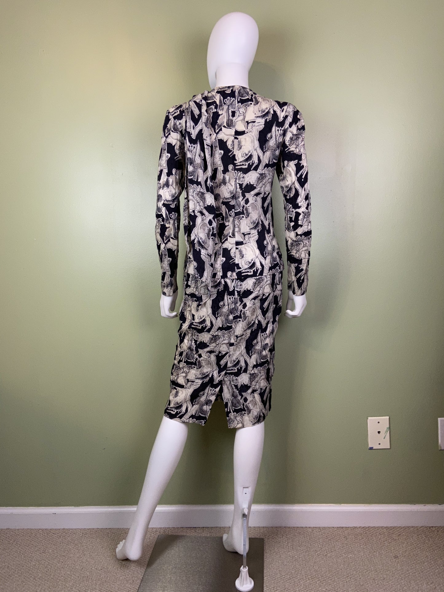 Vintage Black White Graphic Print Silk Peplum Dress
