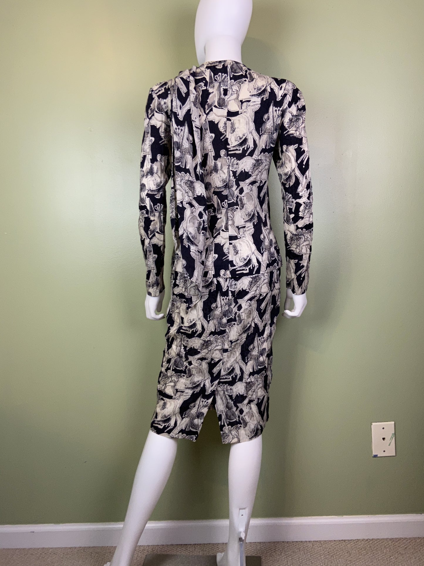 Vintage Black White Graphic Print Silk Peplum Dress