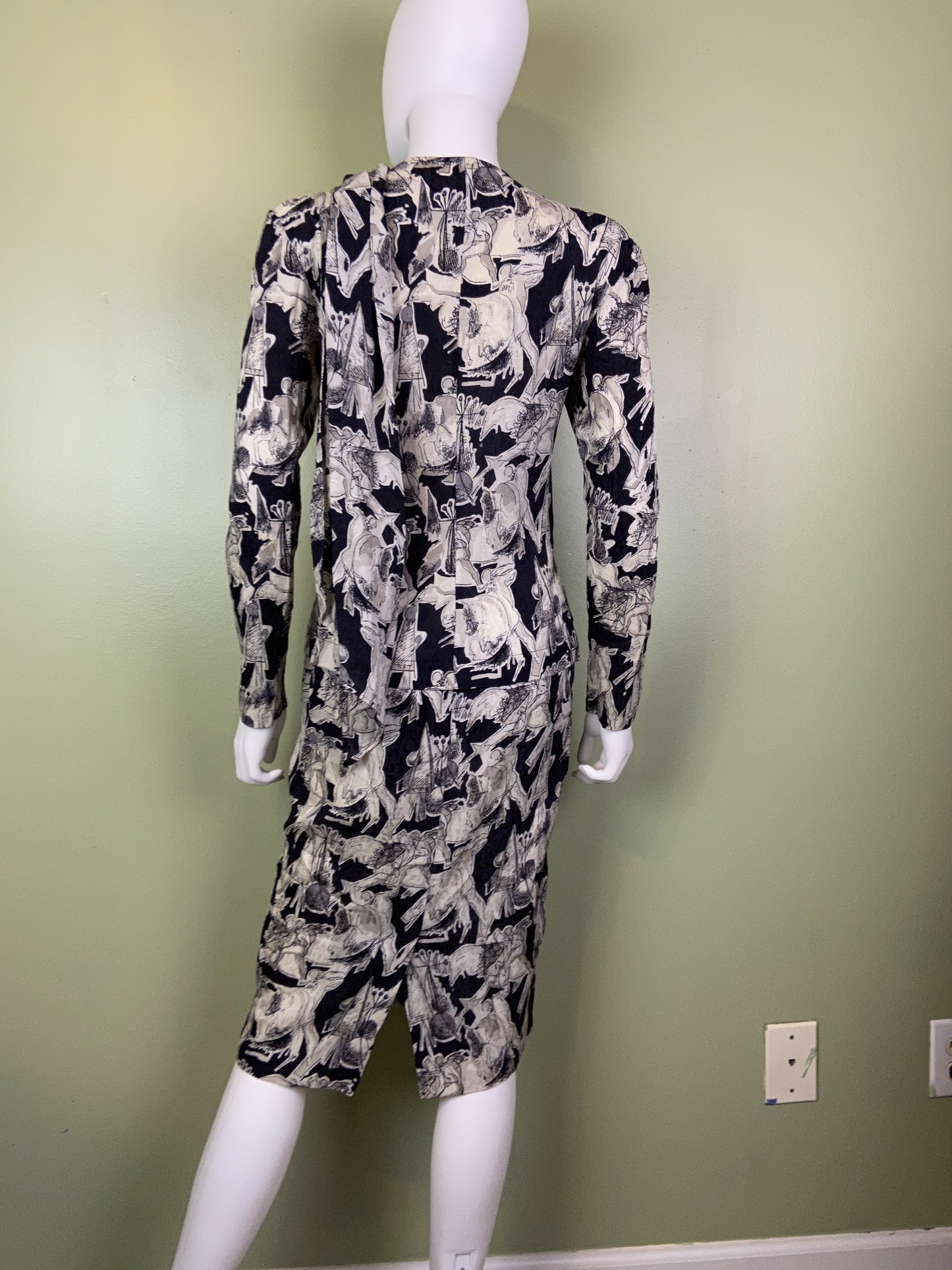 Vintage Black White Graphic Print Silk Peplum Dress