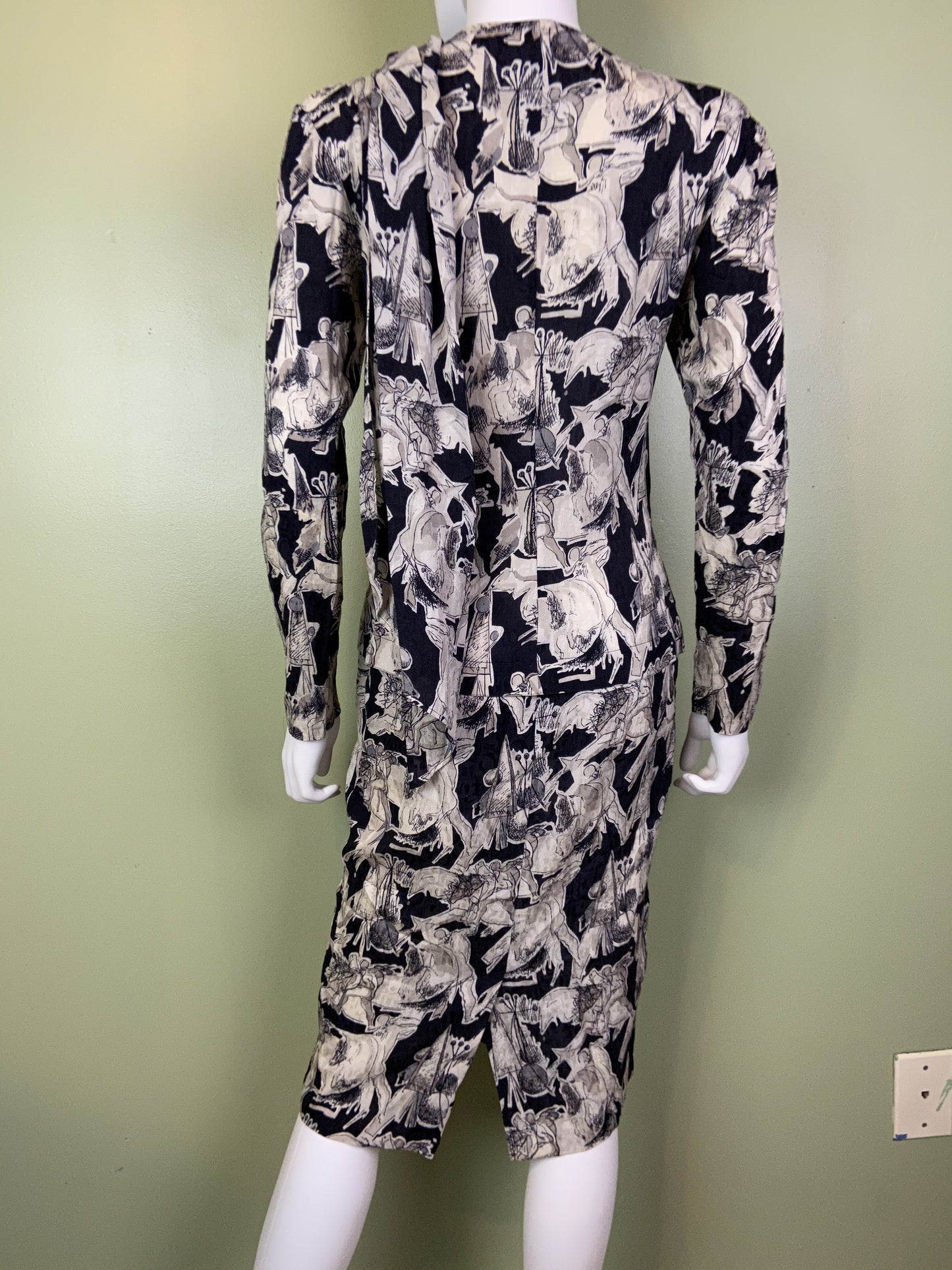 Vintage Black White Graphic Print Silk Peplum Dress