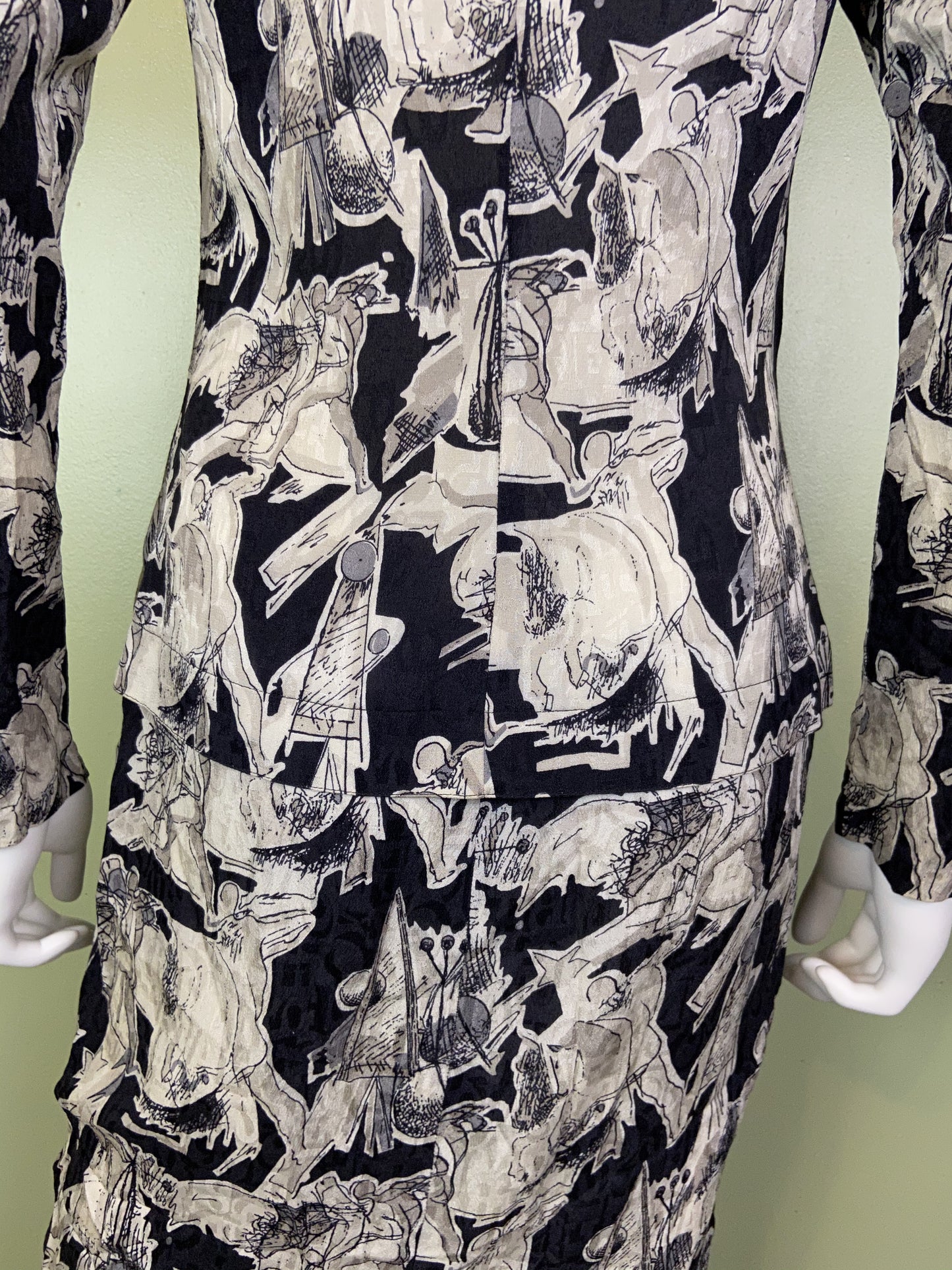 Vintage Black White Graphic Print Silk Peplum Dress